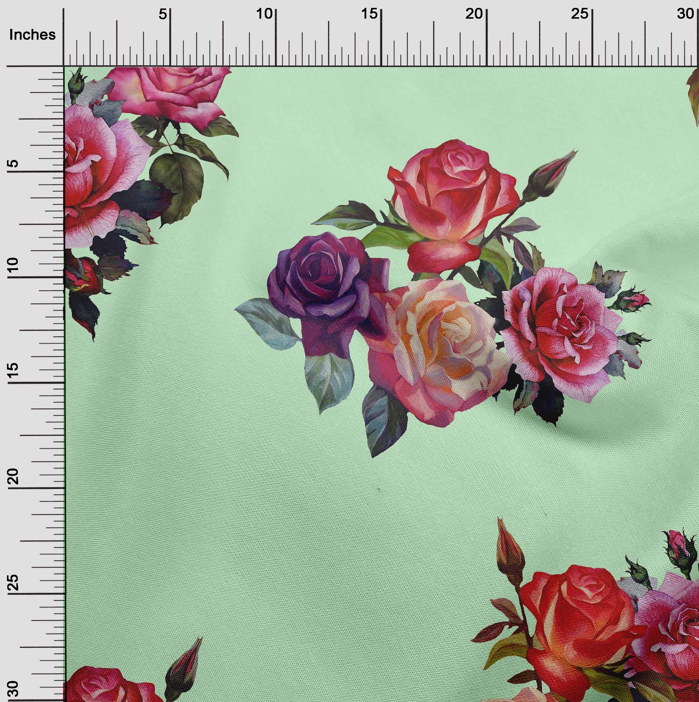 oneOone Cotton Flex Fabric - Leaves & Rose Watercolor Print Sewing Material 40