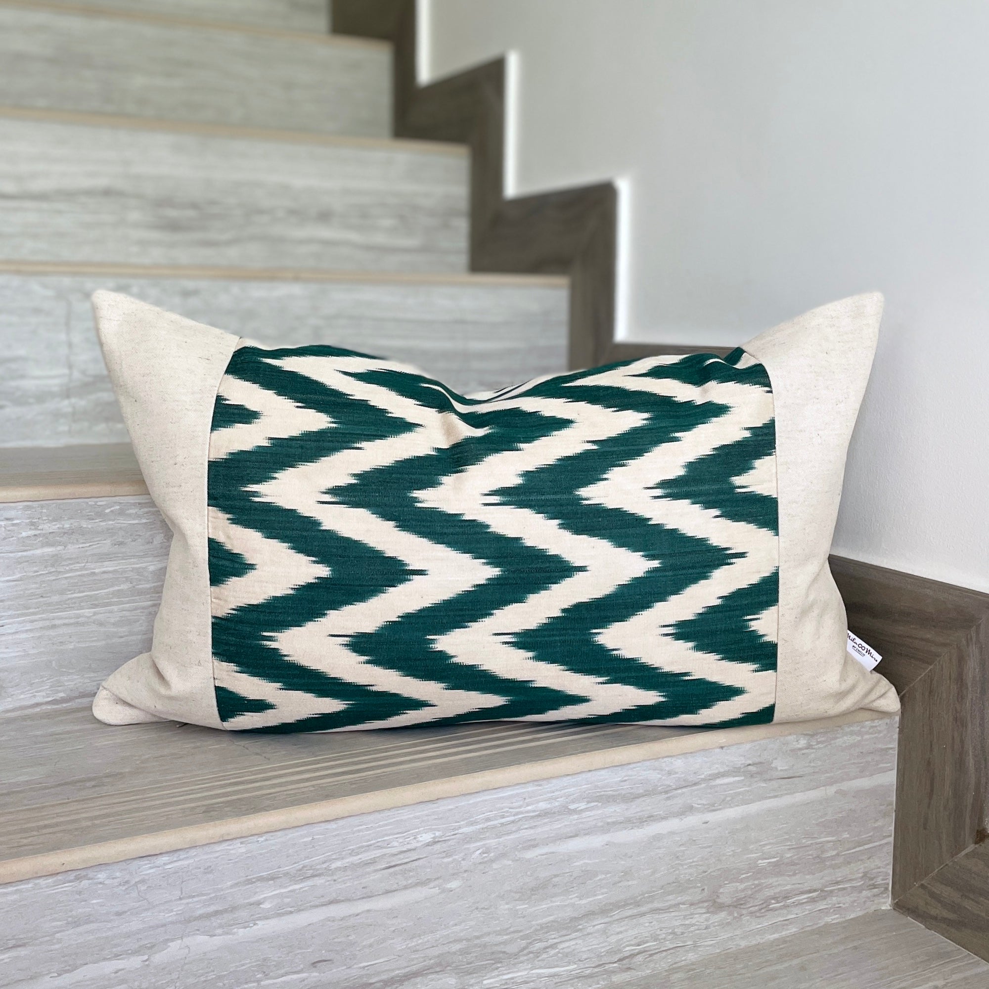 Handmade Silk Ikat & Linen Cushion Cover - Bohemian Zigzag Green Pattern - Perfect for Sofa, Bed, Chair Decor - Home & Living Room Accessories