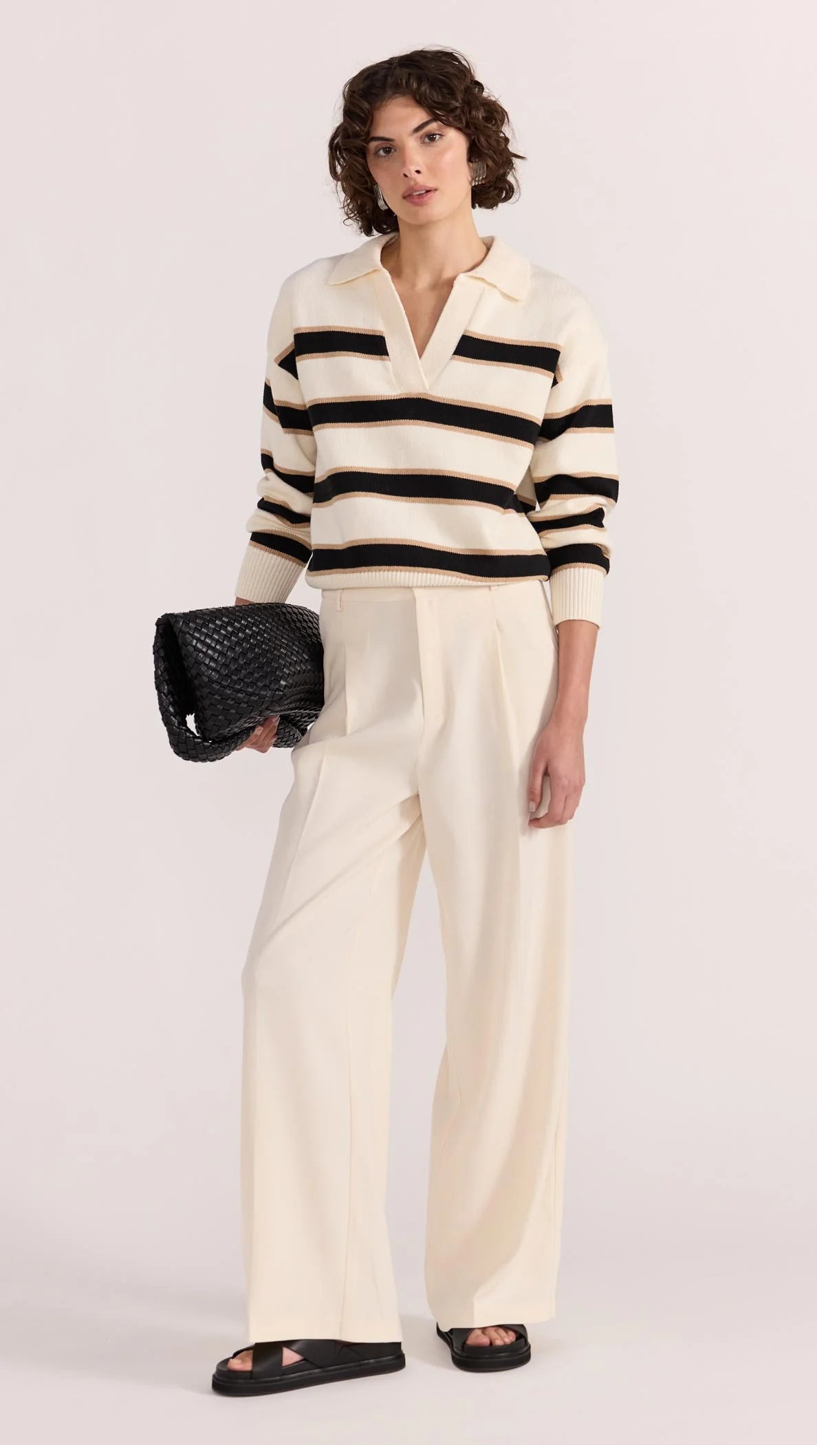 Hudson Cream Black Stripe Polo Sweater for Men - Classic Cotton Knit Pullover for Casual Wear & Office Outfits