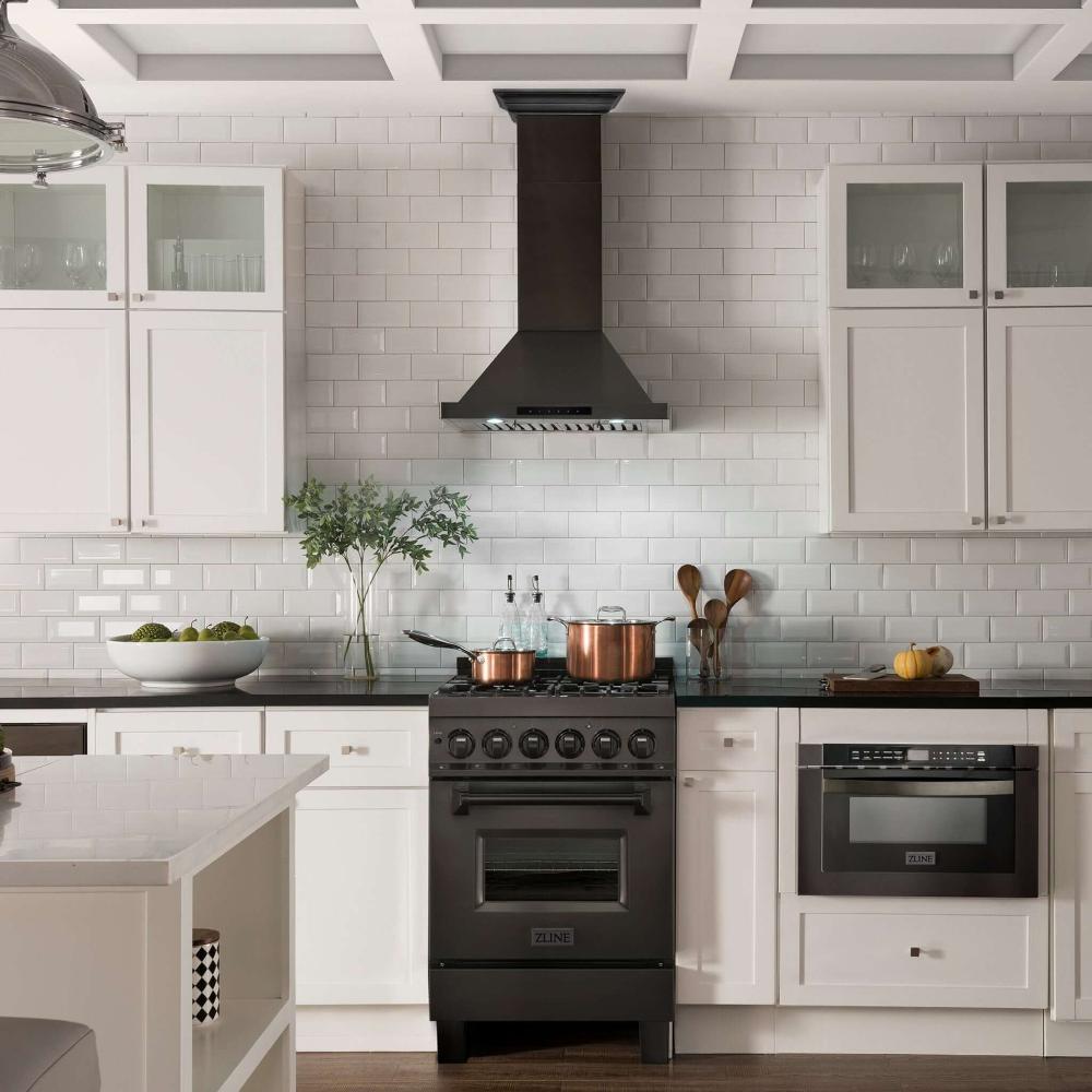 ZLINE Convertible Vent Wall Mount Range Hood - Black Stainless Steel with Crown Molding | Professional Kitchen Exhaust Fan | Perfect for Modern Home Cooking & Baking (BSKBNCRN)