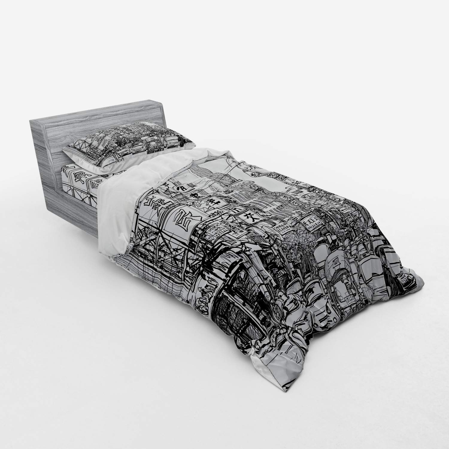 Ambesonne Sketchy Bedding Set - Chinatown Bangkok Street Art Duvet Cover 3-Piece Set with Pillow Sham & Fitted Sheet, Twin Size Black & White - Perfect for Urban-Themed Bedrooms & Asian-Inspired Home Decor