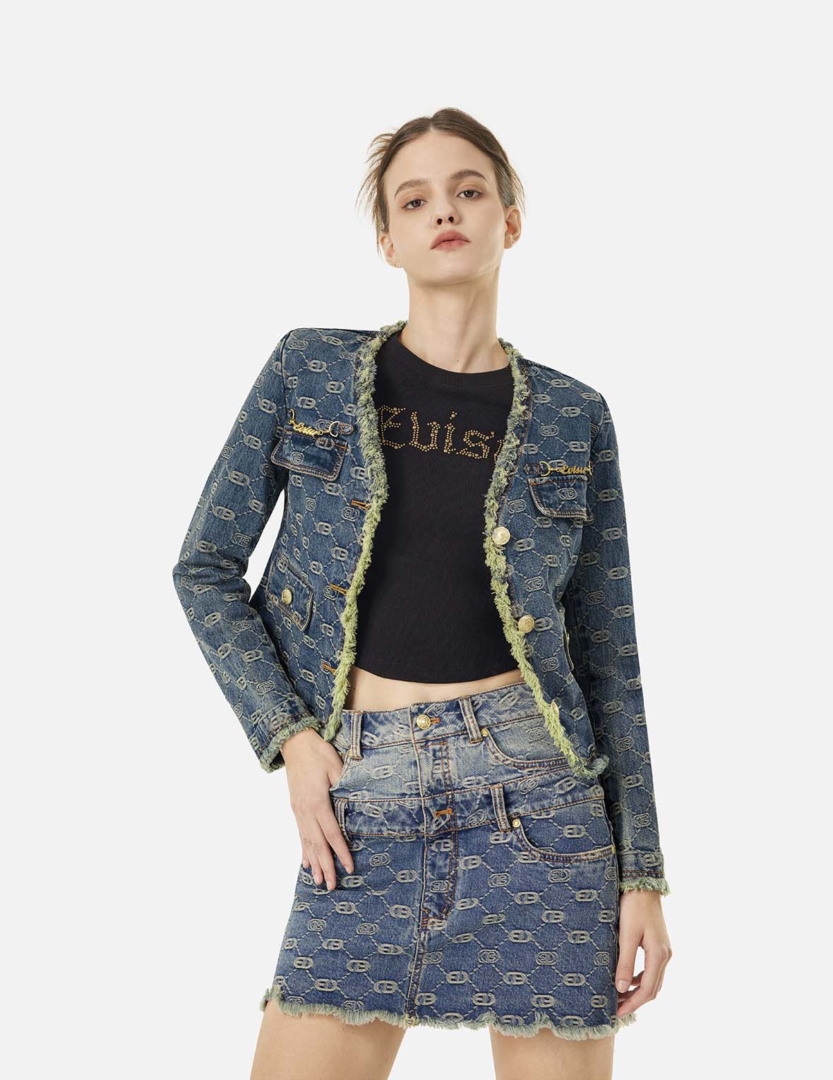 Stylish Allover Logo Jacquard Denim Jacket for Women & Men - Trendy Fashion Outerwear for Casual Wear, Street Style & Everyday Outfits