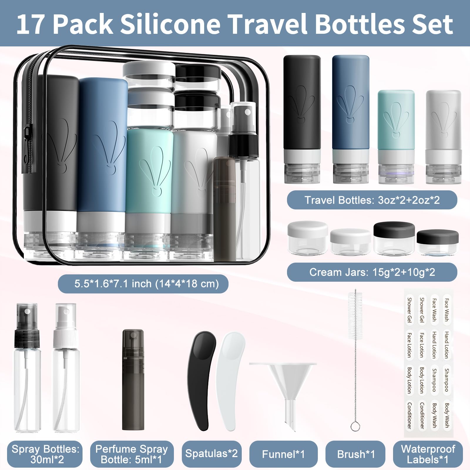 **17-Pack INSFIT Silicone Travel Bottles Set - Leakproof Toiletry Containers for Women | TSA Approved Travel Accessories | Perfect for Airplane, Gym, Camping & Vacation Essentials**