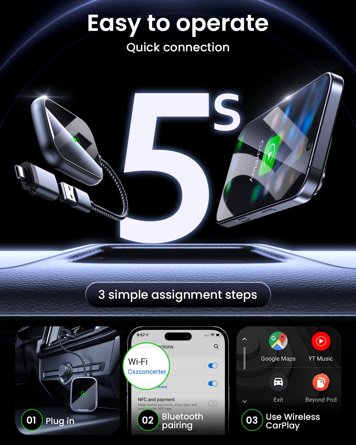 Wireless CarPlay Adapter for iPhone - Bluetooth CarPlay Dongle - Convert Wired to Wireless CarPlay - USB-C Wireless CarPlay for Cars 2018+ & Apple iOS 10+ - Perfect for Hands-Free Driving & Seamless Music Streaming