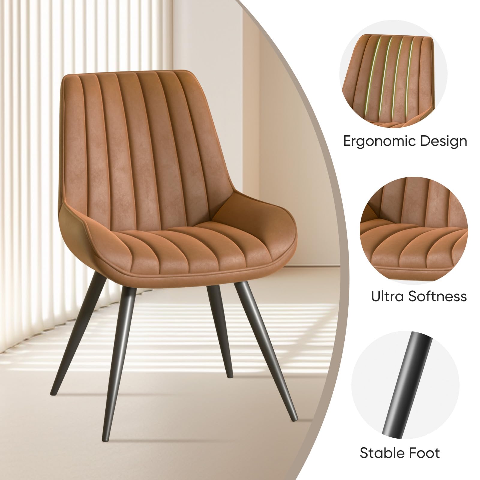 4 Modern Upholstered Dining Chairs Set with Thick Cushions & Sturdy Metal Legs - Brown Fabric Kitchen Side Chairs for Dining Room, Breakfast Nook, and Restaurant Use