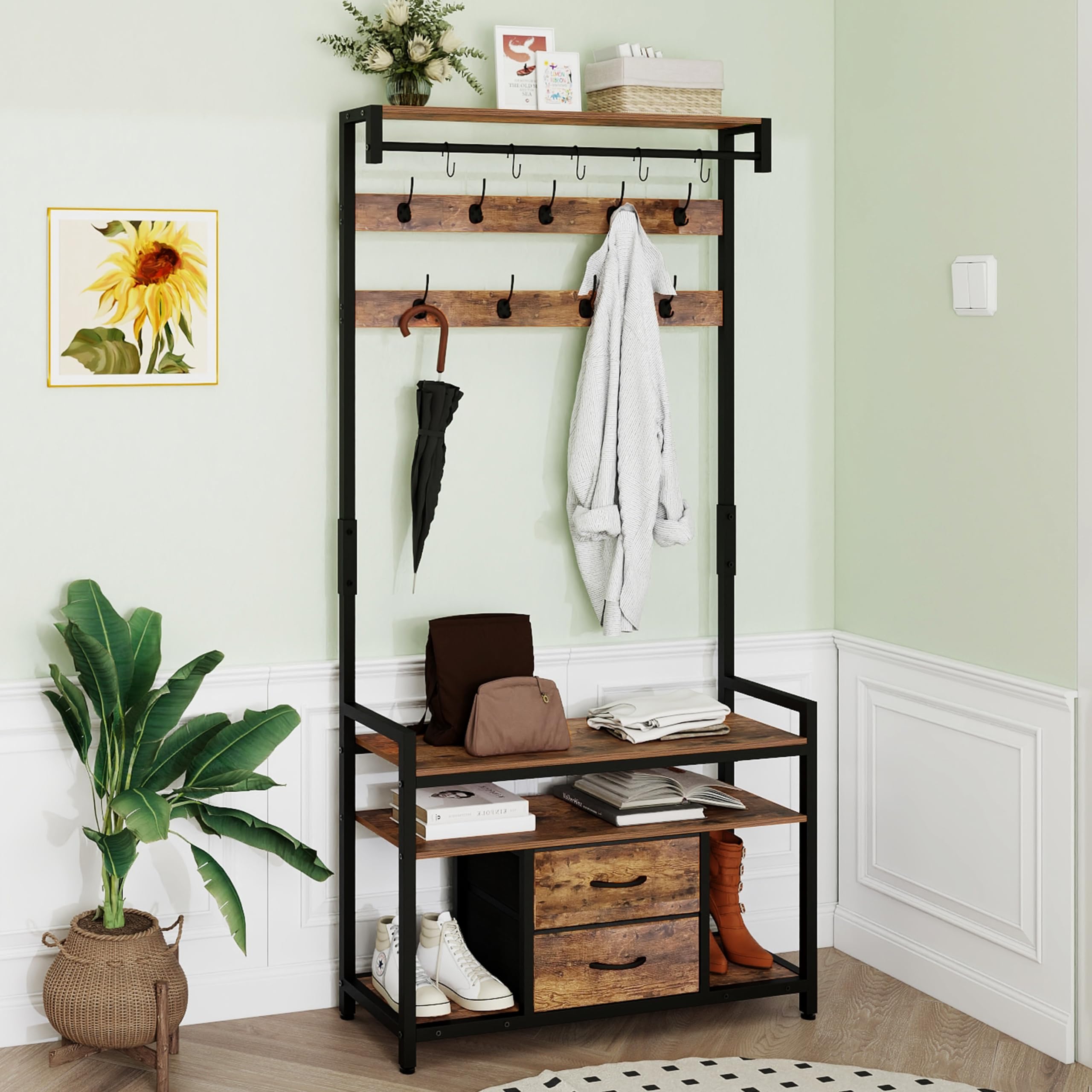 Vintage Brown Hall Tree with Bench & Shoe Storage - Entryway Organizer with Coat Rack, 14 Hooks, 2 Fabric Drawers - Perfect for Hallway, Living Room & Small Space Entry Organization