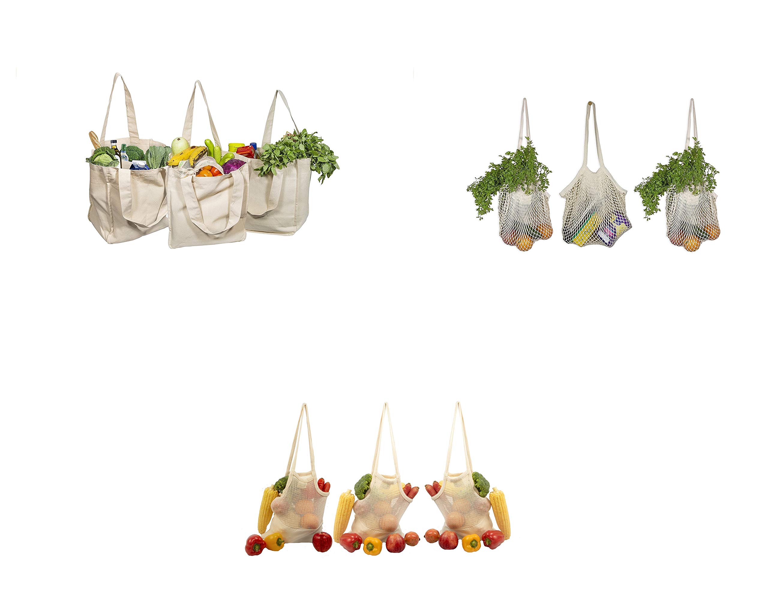 Eco-Friendly Reusable Grocery Bags Set - 3 Canvas Tote Bags & 6 Cotton Mesh Bags with Reinforced Bottom - Durable Shopping Bags for Groceries, Farmers Market, Beach & Travel