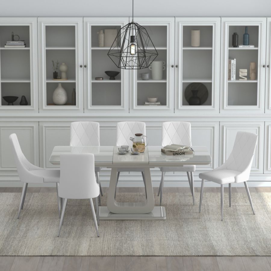 Corvus/Devo 7-Piece Dining Set - Warm Gray Table with White Chairs | Modern Kitchen & Dining Room Furniture for Family Gatherings