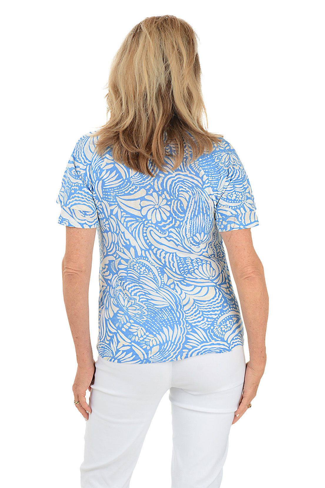 Stylish Riviera Scenery Ruffle Sleeve Tee - Women's Fashion Blouse for Summer Vacation & Beach Outfits