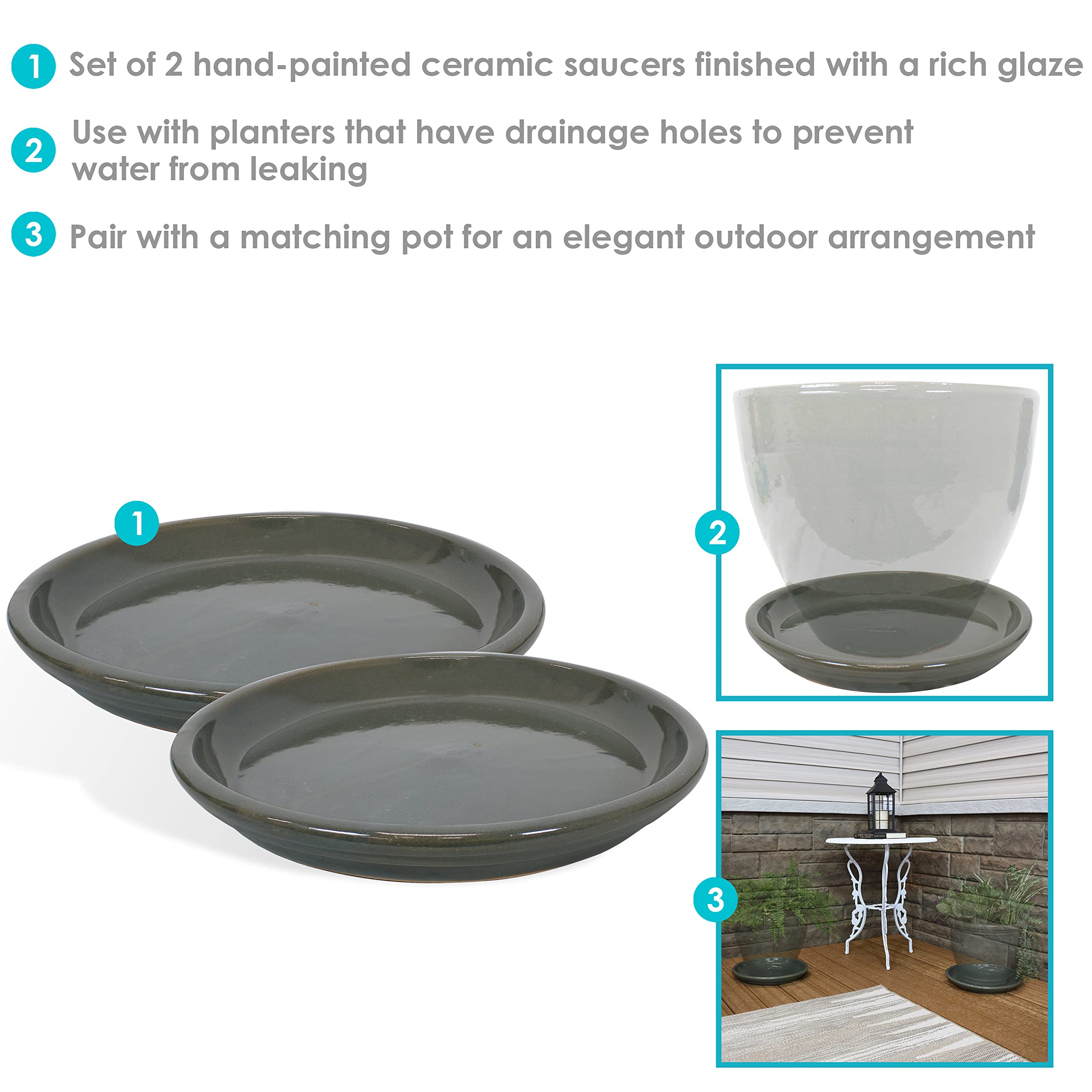 Sunnydaze 12-Inch Ceramic Outdoor Flower Pot Saucers Set of 4 - UV & Frost Resistant, Gray Glazed Finish - Perfect for Garden, Patio & Deck Plant Drainage Protection
