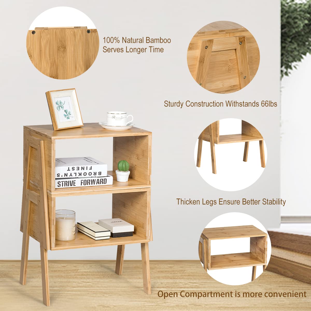 GORELAX Set of 2 Bamboo Nightstands with Open Storage Shelf - Stackable Narrow Rectangular Rustic Wood End Tables for Small Spaces - Perfect for Bedroom, Living Room, Apartment & Dorm Organization