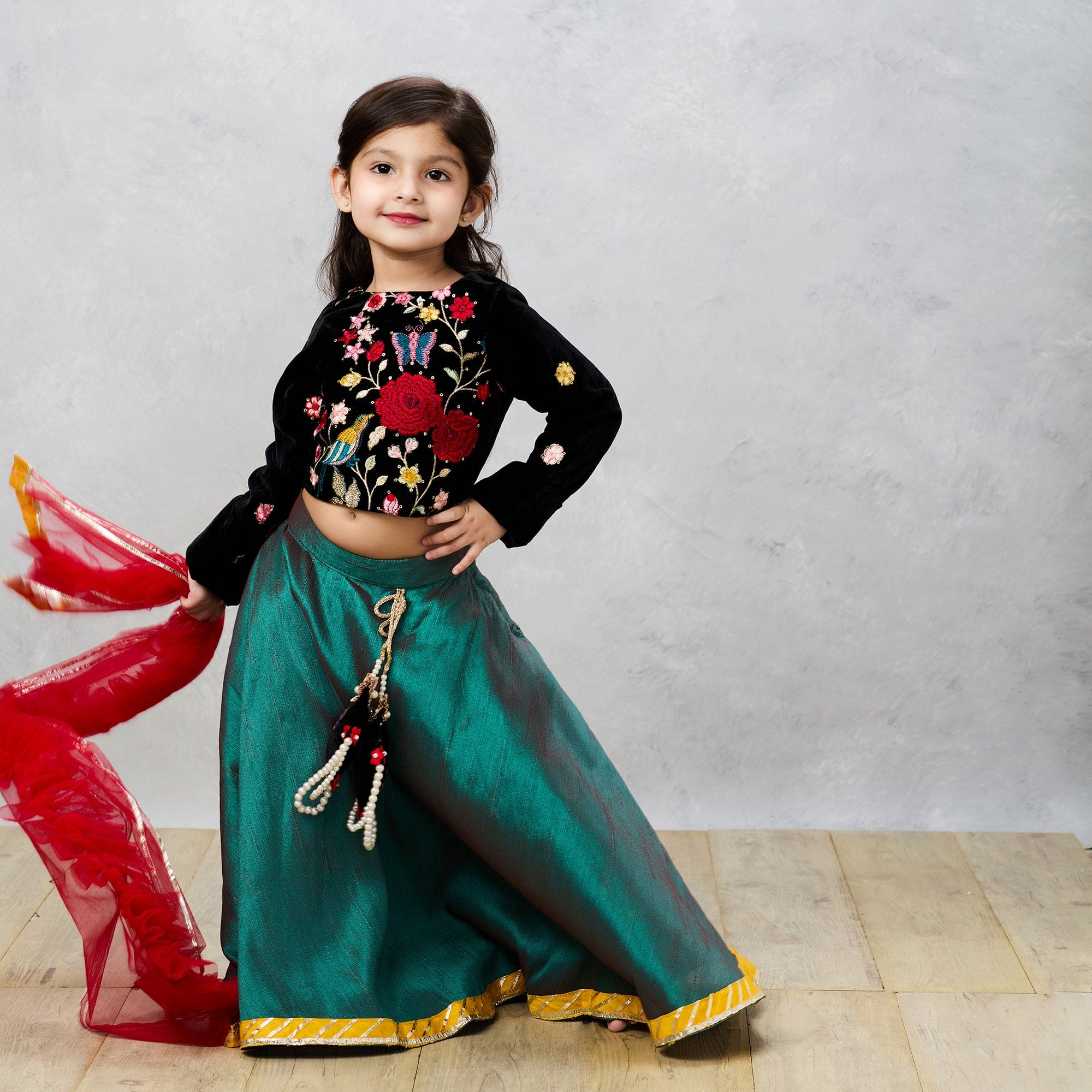 Pre Order: Black Velvet Embroidered Choli with Raw Silk Ghaghra & Tassels - Indian Bridal Lehenga Set for Wedding, Festivals & Special Occasions