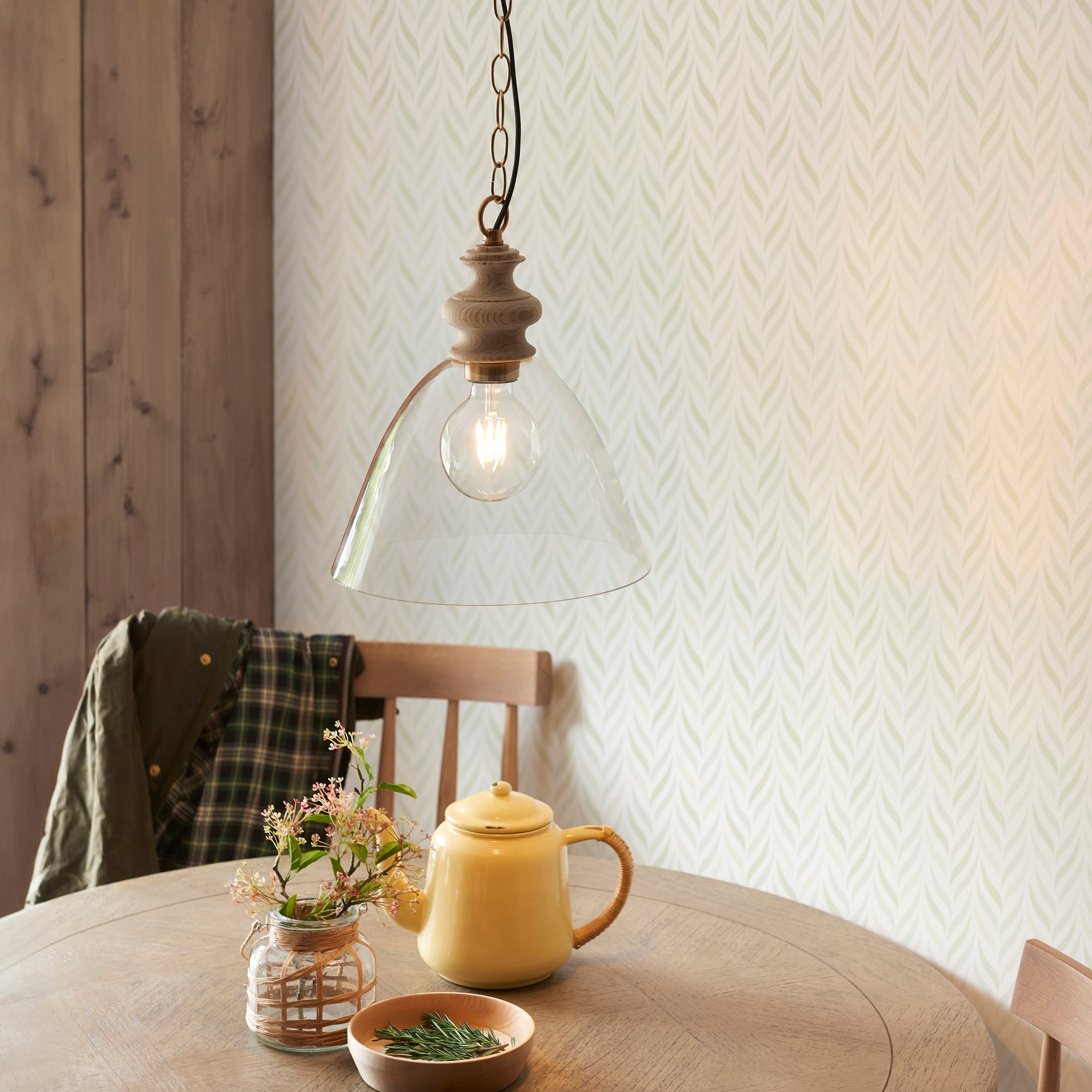 Cotswold Wood Pendant Ceiling Light with Glass Shade - Modern Farmhouse Lighting for Dining Room, Bedroom & Living Room