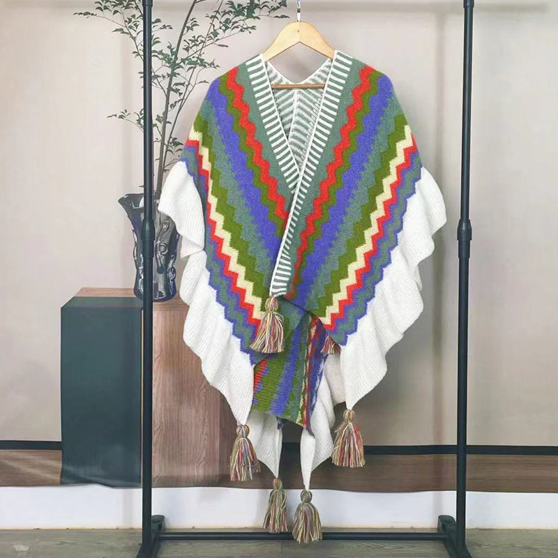Stylish Long Wool Knitted Cape - Ethnic Inspired Winter Shawl Wrap for Women | Perfect for Outdoor Events, Parties & Cold Weather Fashion