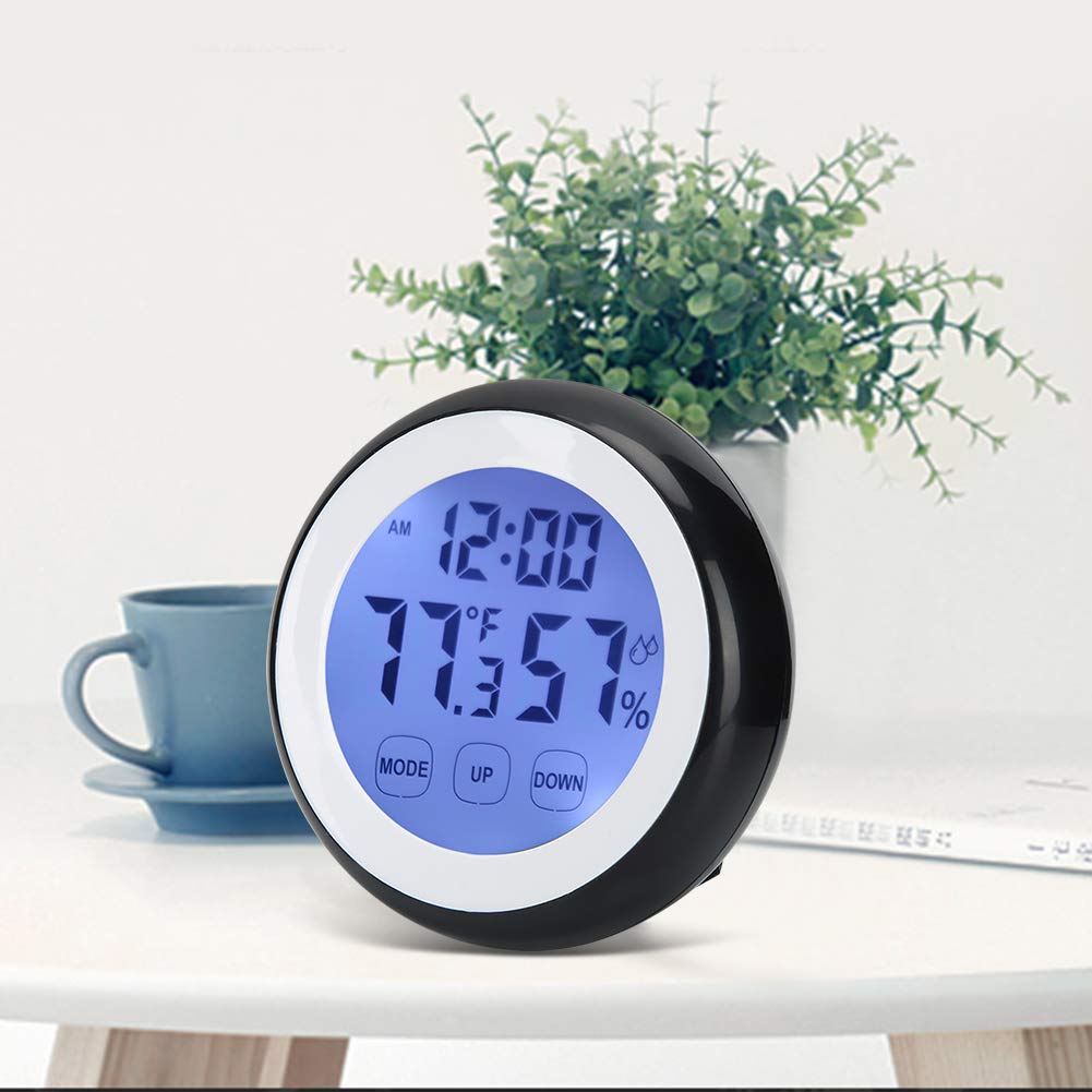 Digital Alarm Clock with Touch Control, Temperature & Humidity Display - Round Design for Heavy Sleepers, Bedside Table, Home & Office Use