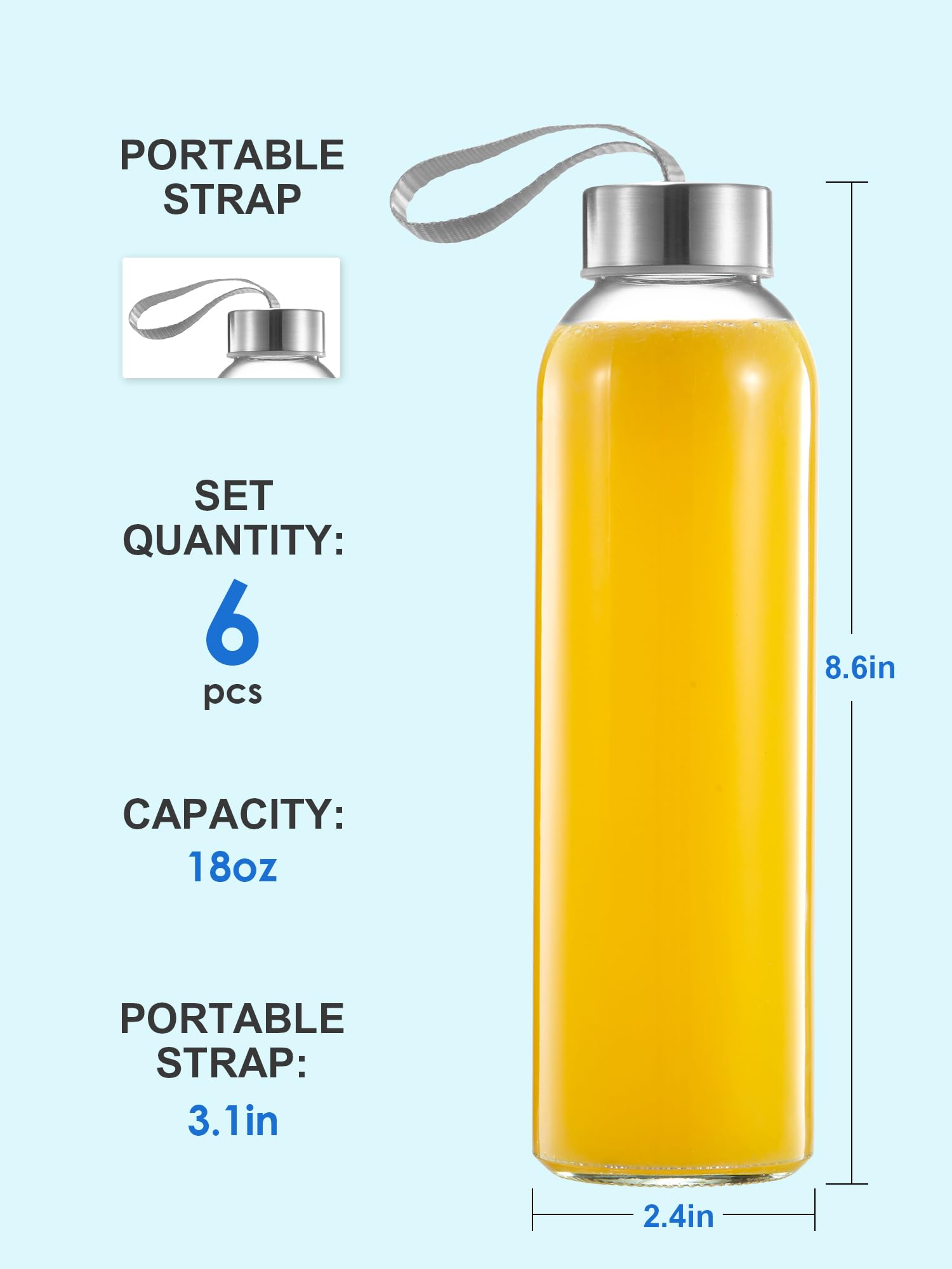 QCen 18oz Clear Glass Juice Bottles with Leak-Proof Stainless Steel Lids - BPA Free Reusable Wide Mouth Water Bottles for Juicer Machine (Set of 6) - Perfect for Fresh Juices, Smoothies & Healthy Drink Storage