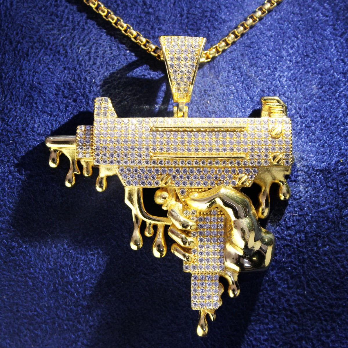 Hand Holding Dripping Uzi Gun Sterling Silver Pendant Necklace - Gangster Style Hip Hop Jewelry for Men - Perfect for Rap Artists, Streetwear Fashion & Urban Accessories