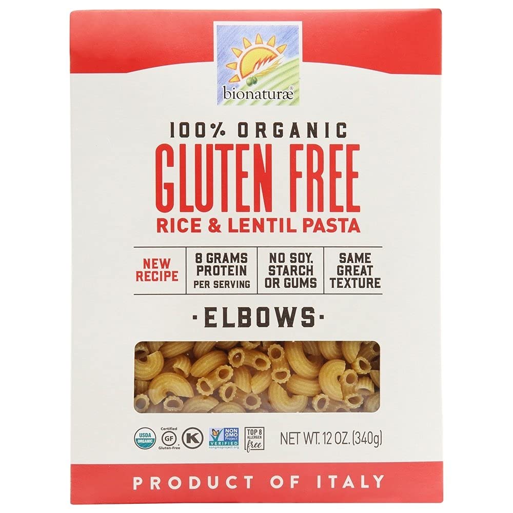 Bionaturae Organic Gluten-Free Elbow Pasta - High Protein Rice & Lentil Noodles, Kosher Certified, Non-GMO, USDA Organic, Made in Italy (12oz) - Perfect for Vegan, Paleo & Gluten-Free Diets, Pasta Salads & Healthy Family Meals