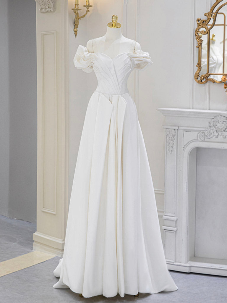 Elegant A-Line Off Shoulder Satin Ivory Long Prom Dress & Bridesmaid Gown - Perfect for Formal Dances, Weddings, and Special Occasions