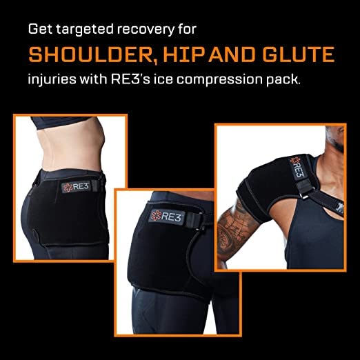 RE3 Ice Compression Pack for Shoulder, Hip & Glute Pain Relief - Cold Therapy Wrap for Rotator Cuff Tendonitis, Dislocated Shoulder, Sports Injuries & Post-Surgery Recovery - Includes 2 Reusable Ice Gel Packs - One Size Fits All - Perfect for Athletes, Physical Therapy & Home Recovery