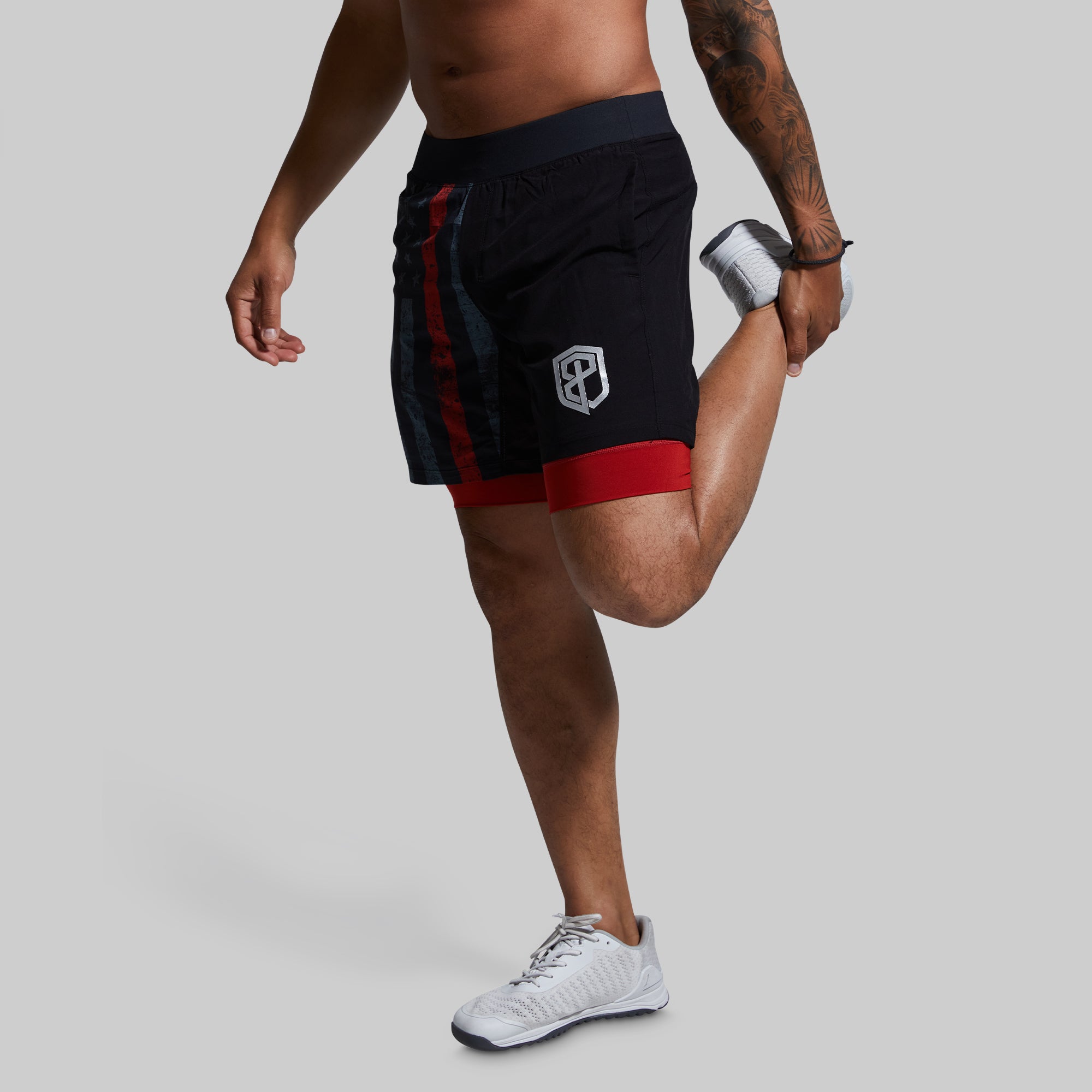 Versatile Compression Shorts for Men - Thin Red Line Gunmetal - Moisture Wicking & Breathable Workout Shorts for Running, Gym & Outdoor Activities