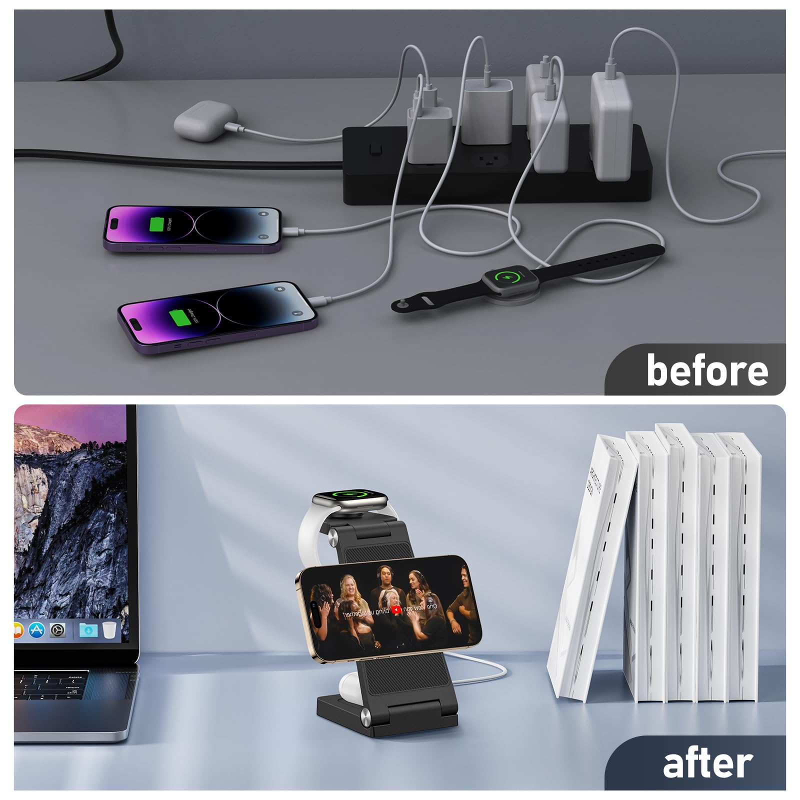 3-in-1 Magnetic Wireless Charging Stand | Foldable Travel Charger for iPhone 16/15/14/13/12 Series, Apple Watch Ultra/9/8/7/6/5/4/3/2 & AirPods | Fast Charging Station for Home, Office & Travel