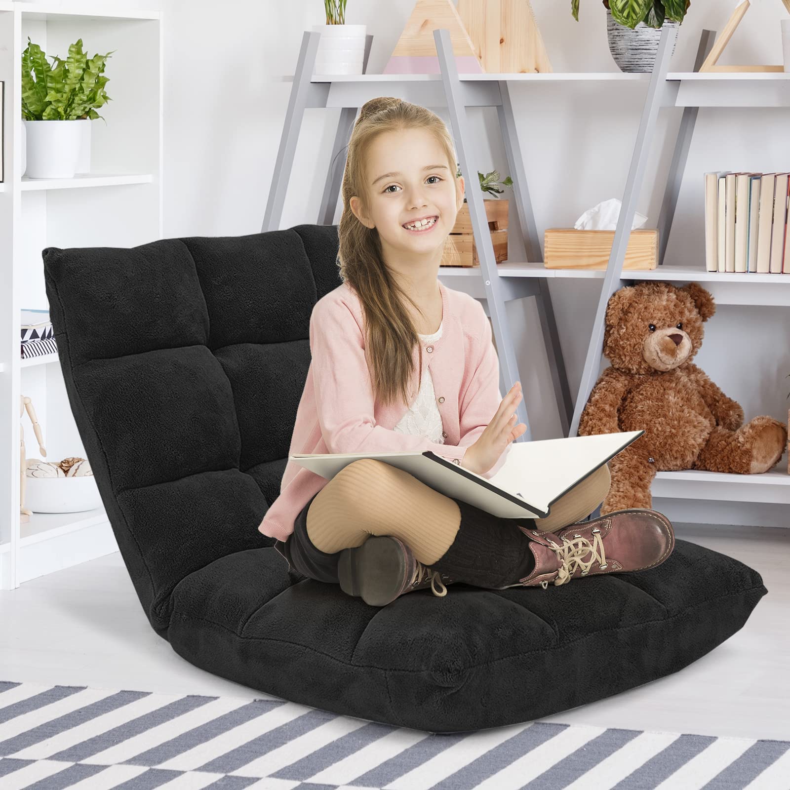 Giantex Adjustable Folding Floor Chair with Back Support - 14 Position Recliner, Padded Sleeper Bed & Gaming Chair for Adults - Perfect for Meditation, Living Room Lounging & Bedroom Relaxation - Black