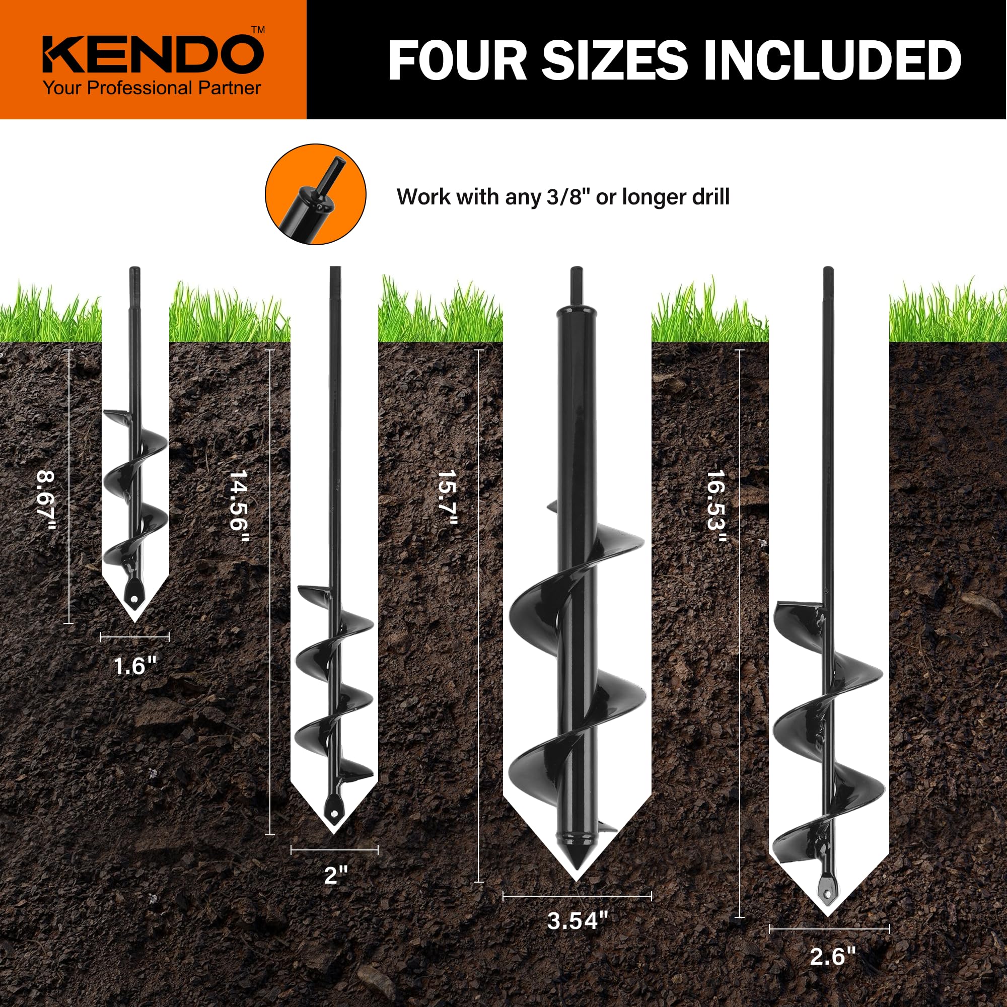Kendo Auger Drill Bit Set of 4 - Spiral Garden Planting Tool for 3/8