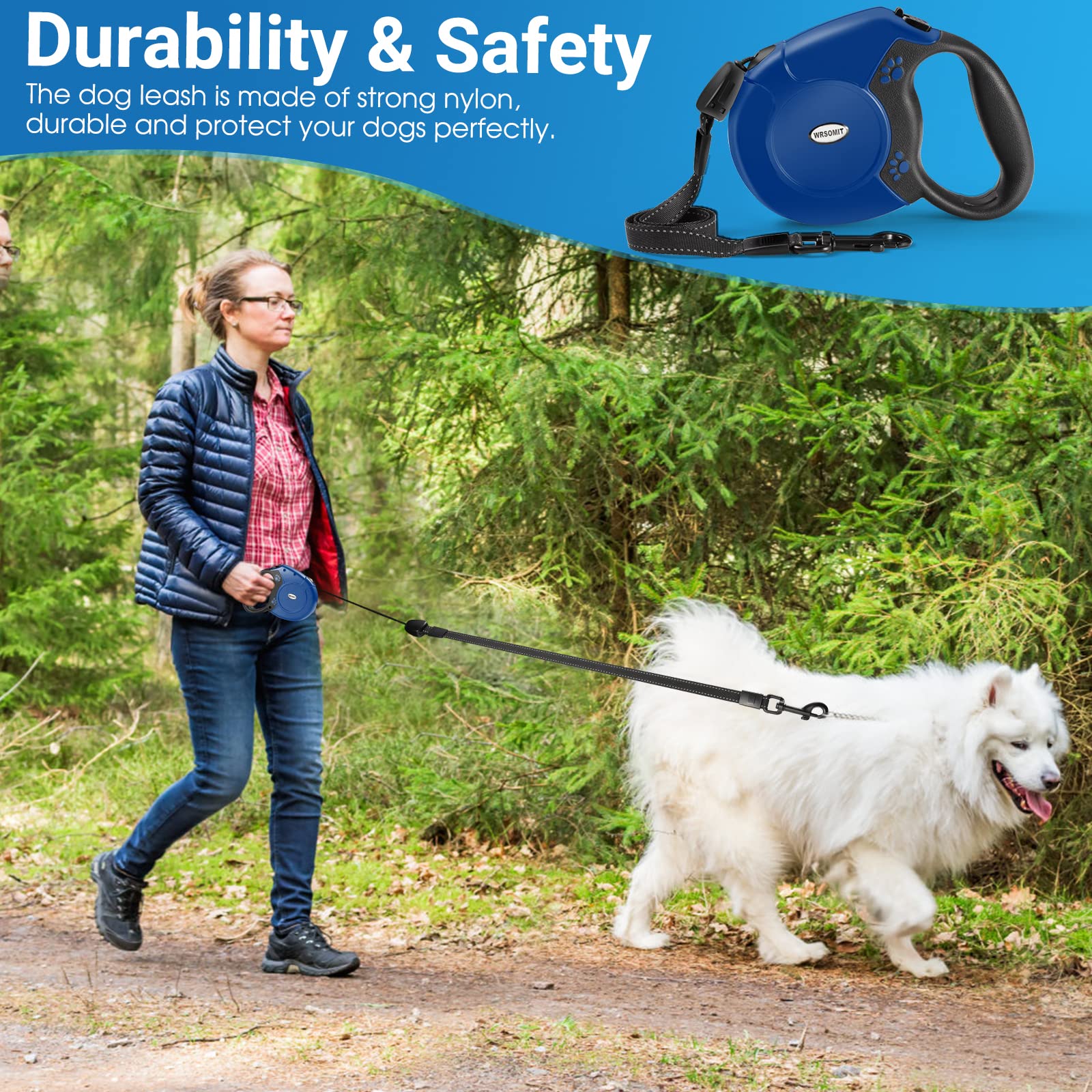 26FT Retractable Dog Leash - Heavy Duty Nylon Tape Leash for Small Medium Large Dogs up to 110lbs - Anti-Slip Handle & One-Handed Brake - 360° Tangle-Free Design (Blue) - Perfect for Walking, Running, Training and Outdoor Adventures with Your Pet
