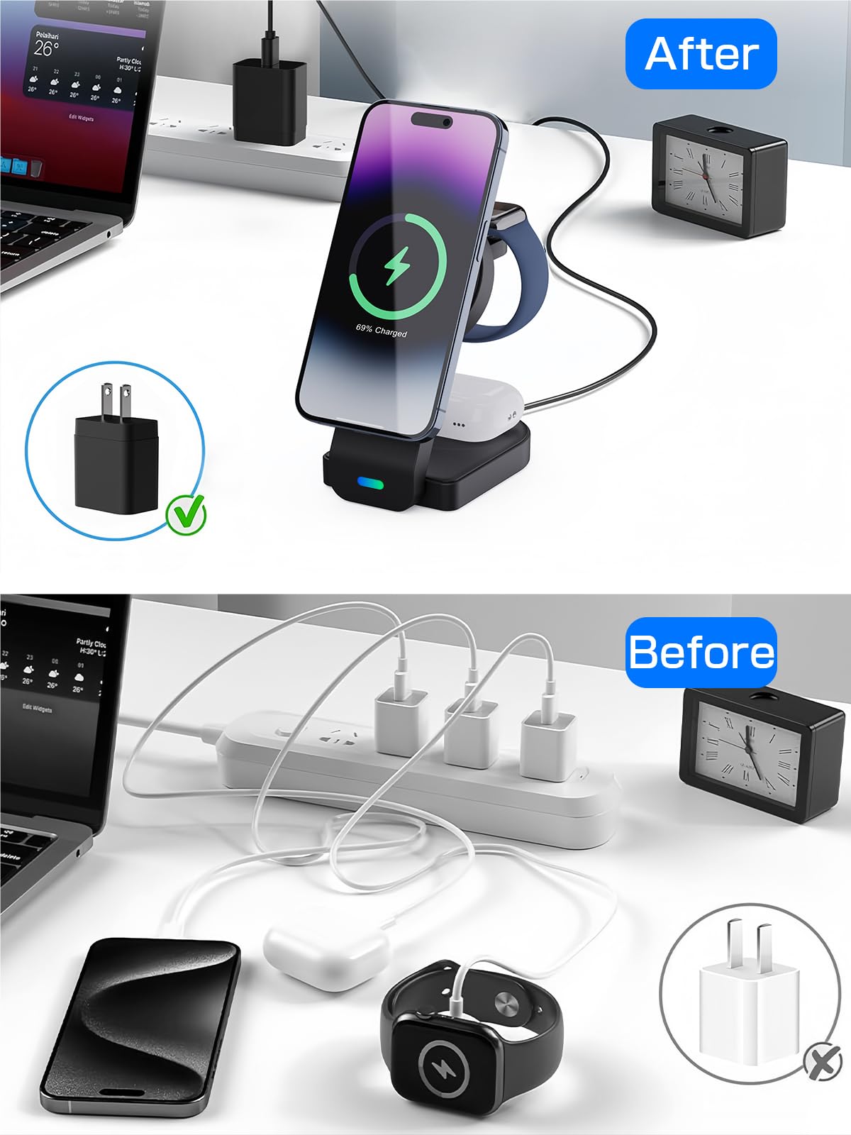 2025 3-in-1 Magnetic Wireless Charging Station - 18W Fast Foldable Charger Stand Compatible with iPhone 16/15/14/13/12 Series, Apple Watch & AirPods | Portable MagSafe Charging Dock for Home, Office & Travel - Black