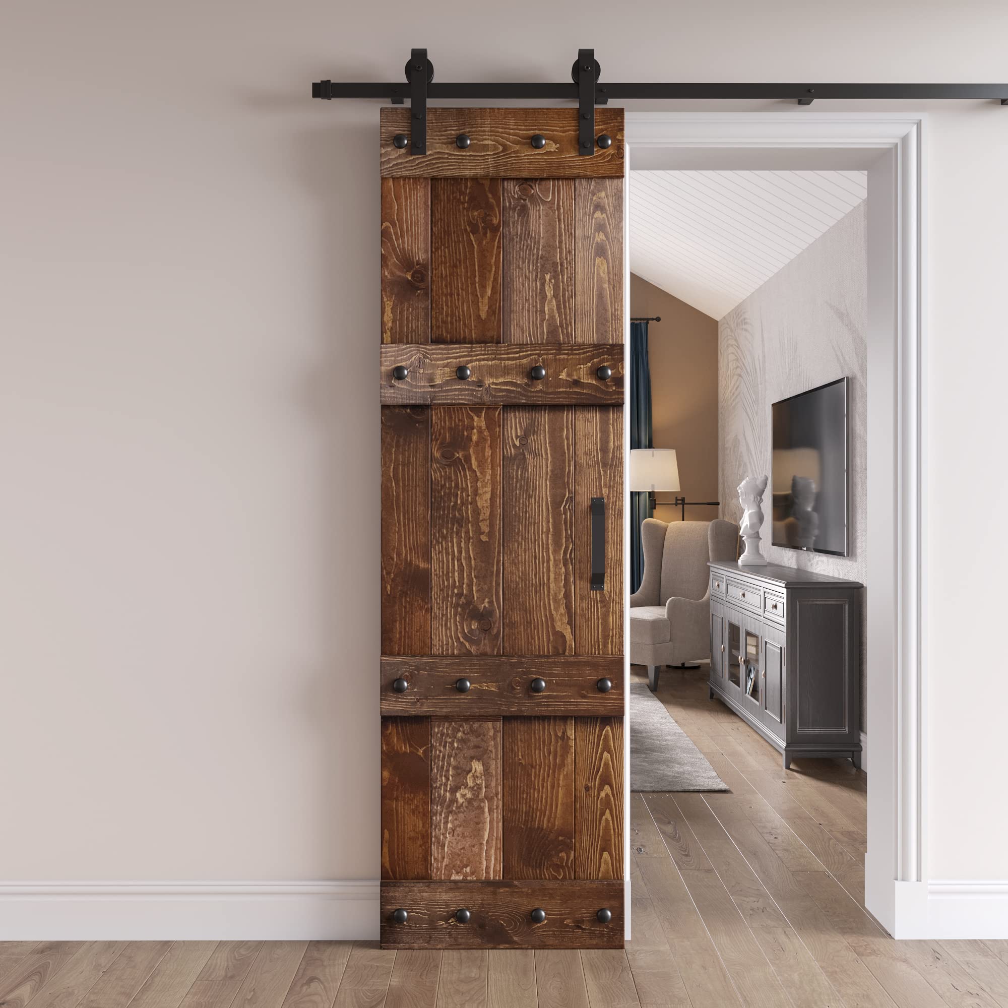 30in x 84in Castle-Series Knotty Pine Wood Sliding Barn Door with Hardware Kit - Dark Walnut Finish for Rustic Home & Farmhouse Interior Decor