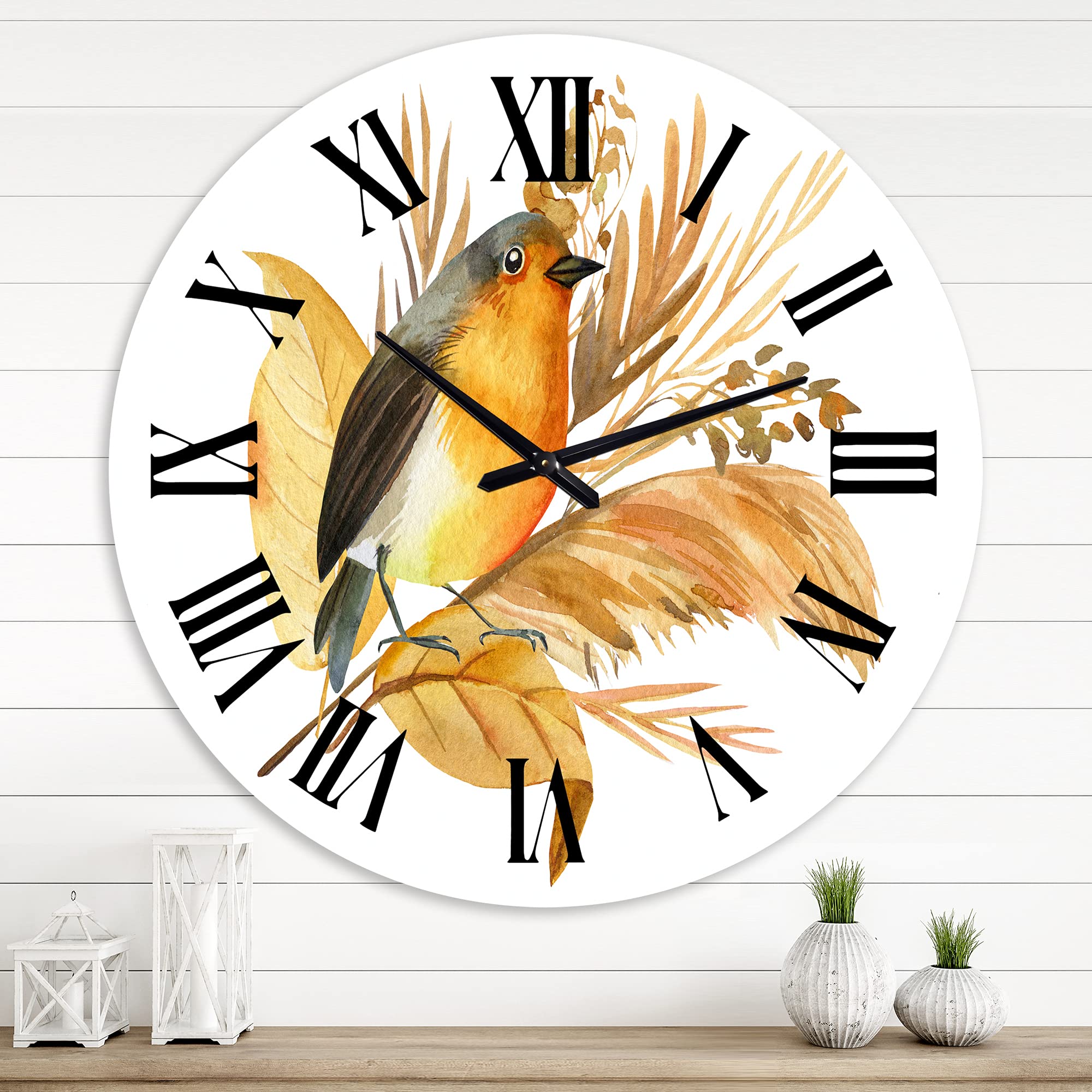 DesignQ Traditional Wall Clock - Robin Bird & Autumn Flowers Decor, Large Vintage Clock for Bedroom, Living Room, Office | Silent Non-Ticking Home Décor