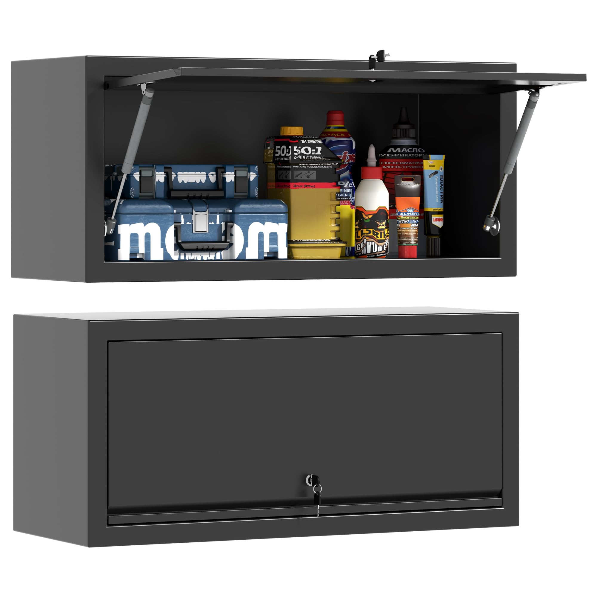 Black Metal Wall Cabinet with Up-Flip Door - Garage & Kitchen Storage Cabinet, Wall-Mounted Organizer for Home, Office, Warehouse (Perfect for Tools, Spices & Supplies)