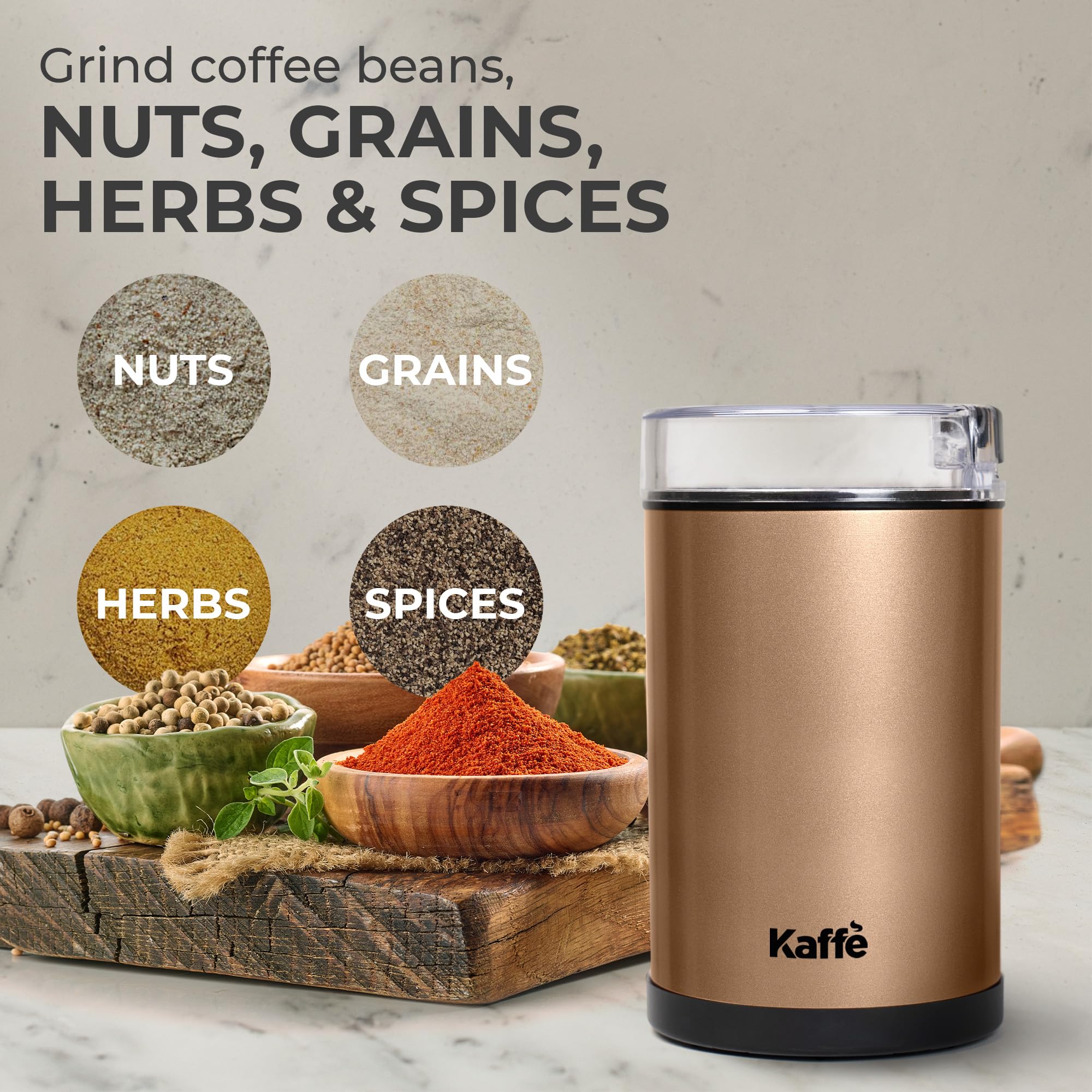 Premium Electric Coffee Grinder - One-Touch Operation with Cleaning Brush - 3 oz Stainless Steel Blade - Grinds Up to 12 Cups - Perfect for Home, Office & Travel - Easy On/Off Coffee Bean Grinder - Copper Finish - Ideal for Espresso, French Press & Drip Coffee Makers
