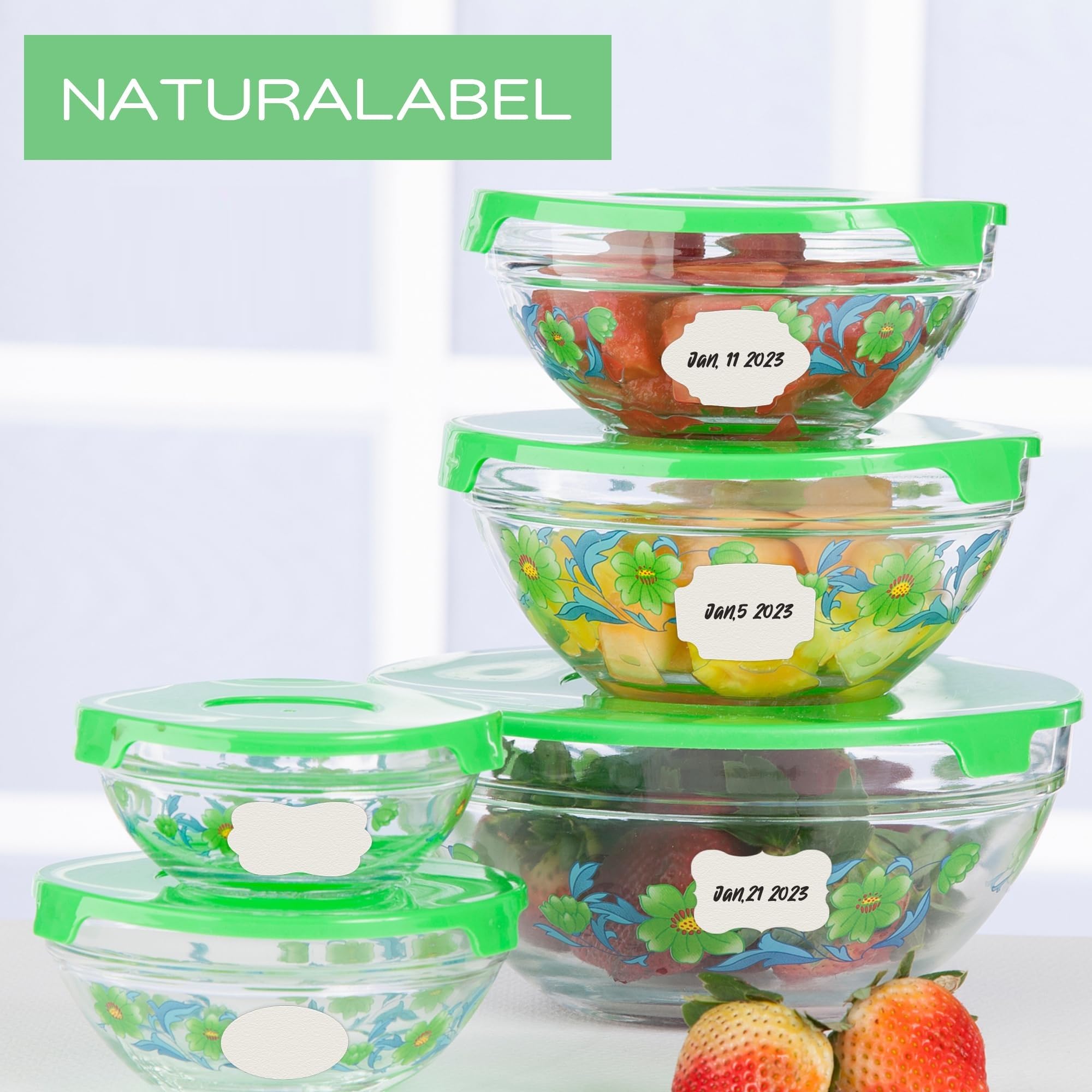 NATURALABEL 200-Pack Dissolvable Food Labels for Mason Jars & Meal Prep - 5 Adhesive-Free Shapes, No Residue, 1-3/8