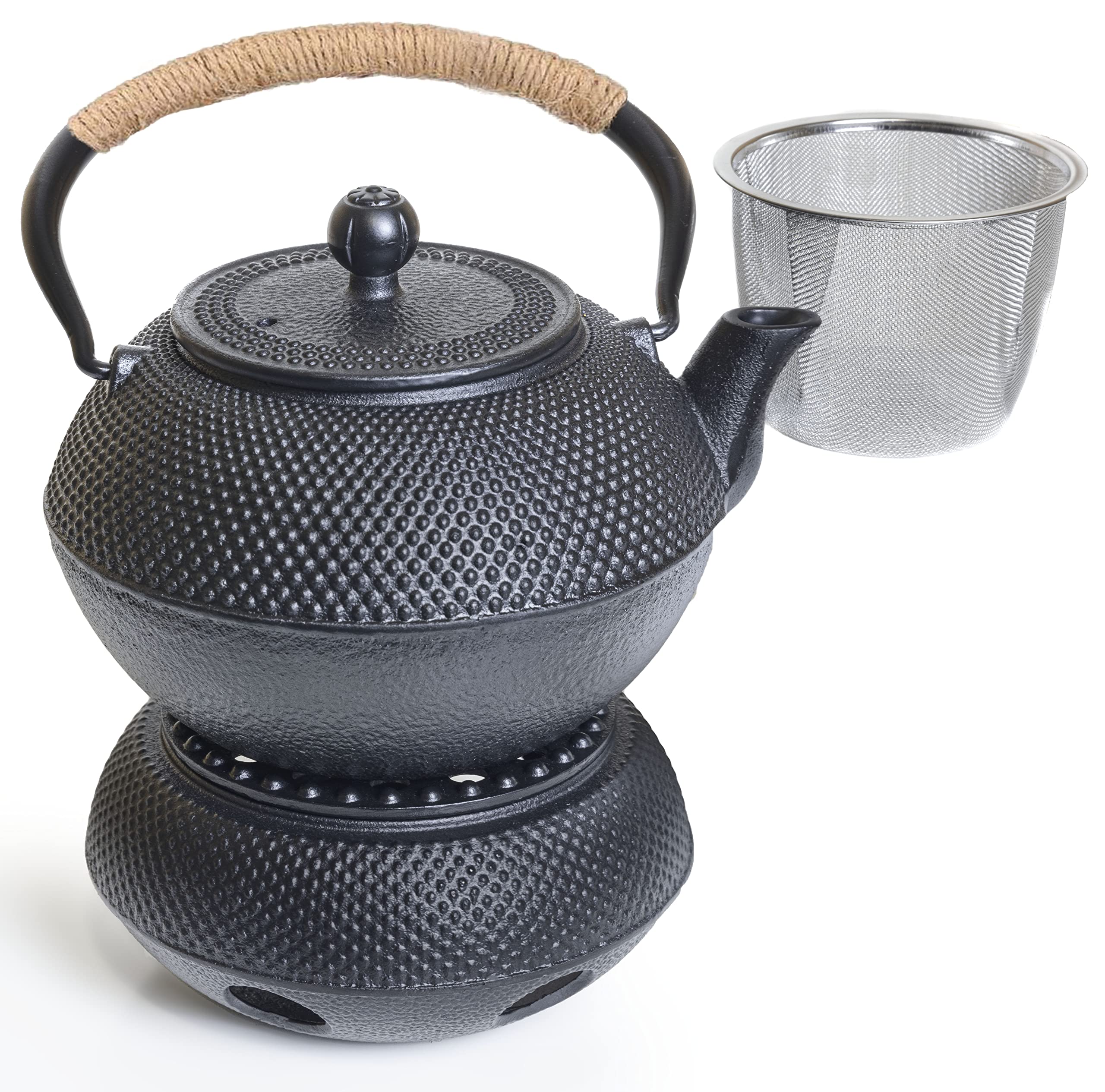 Premium Oztara 40oz/1200ml Japanese Cast Iron Teapot Set with Stainless Steel Infuser & Tea Warmer - Enamel Coated Interior, Large Black Iron Kettle for Loose Leaf Tea - Perfect for Home, Office, Tea Ceremonies & Gifts
