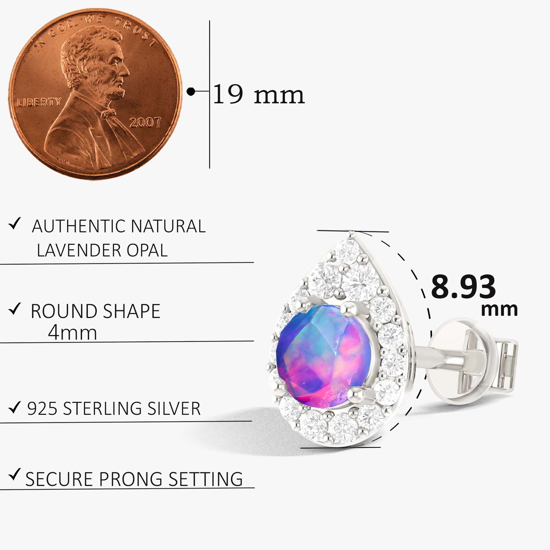 4MM Round Natural Lavender Opal Halo Stud Earrings with Push Back - Elegant Dainty Jewelry for Women, Perfect for Weddings, Parties & Everyday Wear