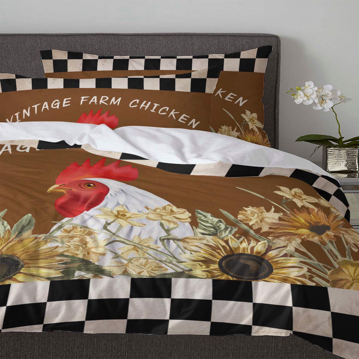 Sunflower Chicken Queen Bedding Set 3-Piece - Comforter & Pillow Shams, Rooster Plaid Duvet Cover for Teens, Boys & Girls - Perfect for Farmhouse, Country Style Bedrooms & Cozy Teen Room Decor