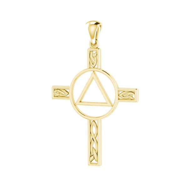 14K Yellow Gold Celtic Knotwork Cross Pendant with AA Recovery Symbol - Perfect for Sobriety Gifts & Spiritual Jewelry