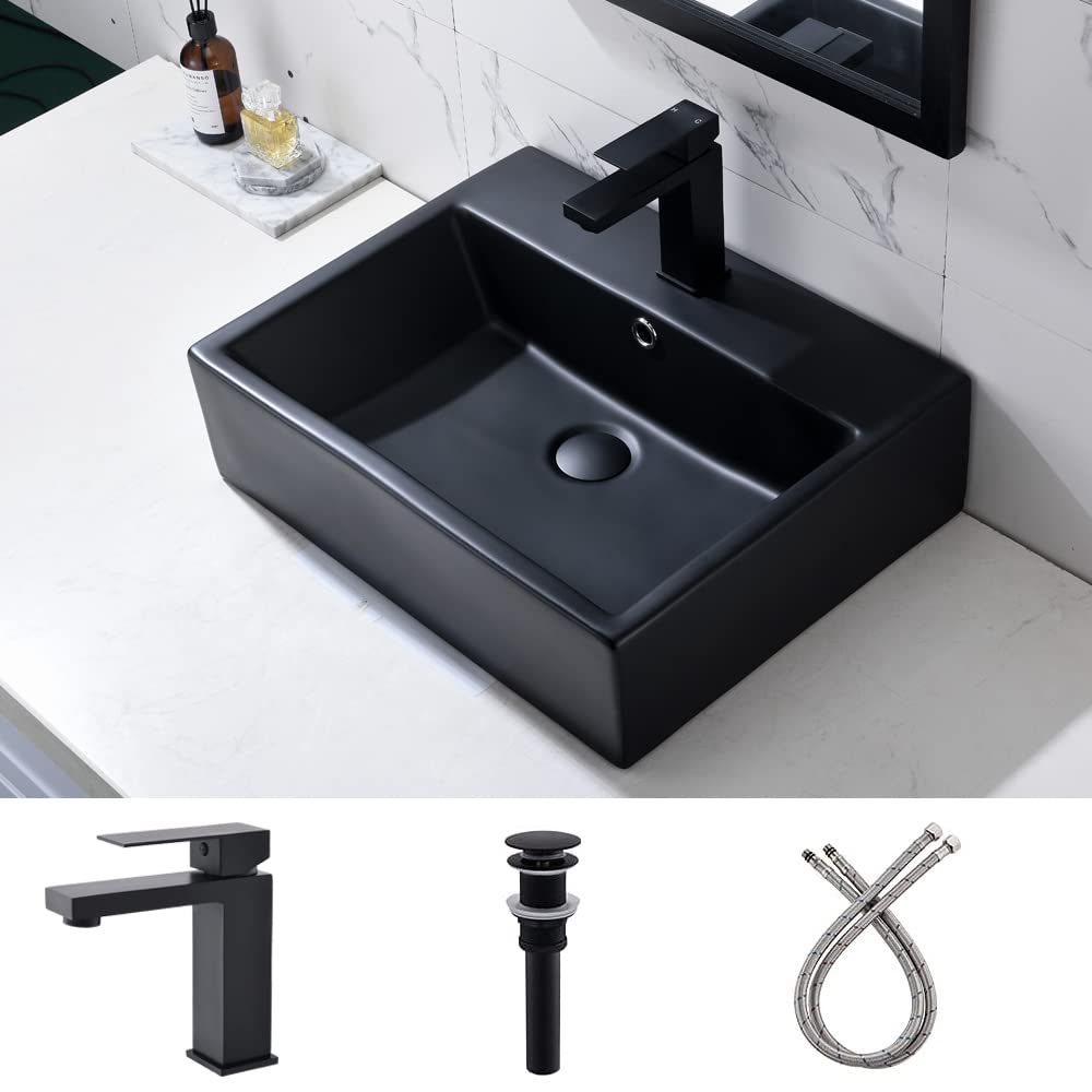 Matte Black Porcelain Ceramic Rectangle Vessel Sink with Faucet Combo - 21x16 Inch Above Counter Bathroom Sink with Overflow & Matching Pop Up Drain | Modern Vanity for Powder Room, Guest Bath & Master Suite