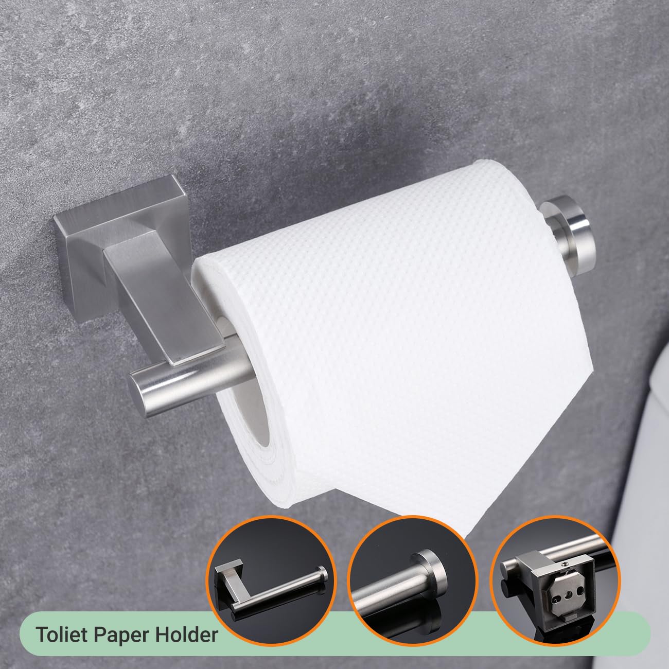 Hoooh 4-Piece Brushed Stainless Steel Bathroom Accessories Set - Wall Mounted Double Towel Bar, Hand Towel Rack, Toilet Paper Holder & Robe Hooks (BS101S4-BN) - Modern Bathroom Organization for Home & Hotel Use