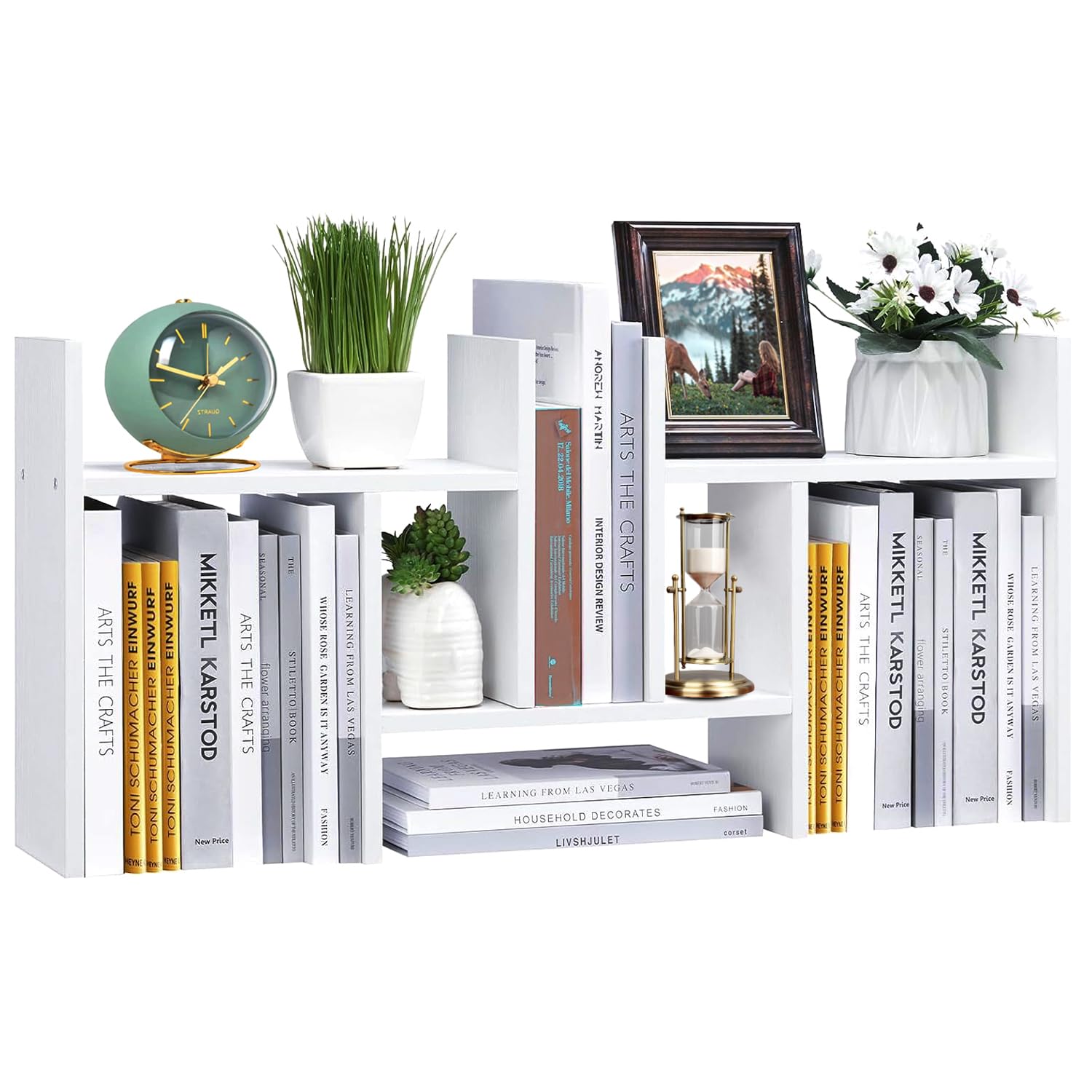 Meikuler Adjustable Wood Desktop Shelf Organizer - Solid White Office Storage Rack, Tabletop Bookshelf for Home Decor, Office & Gifts | Perfect for Organizing Books, Plants & Office Supplies on Desks