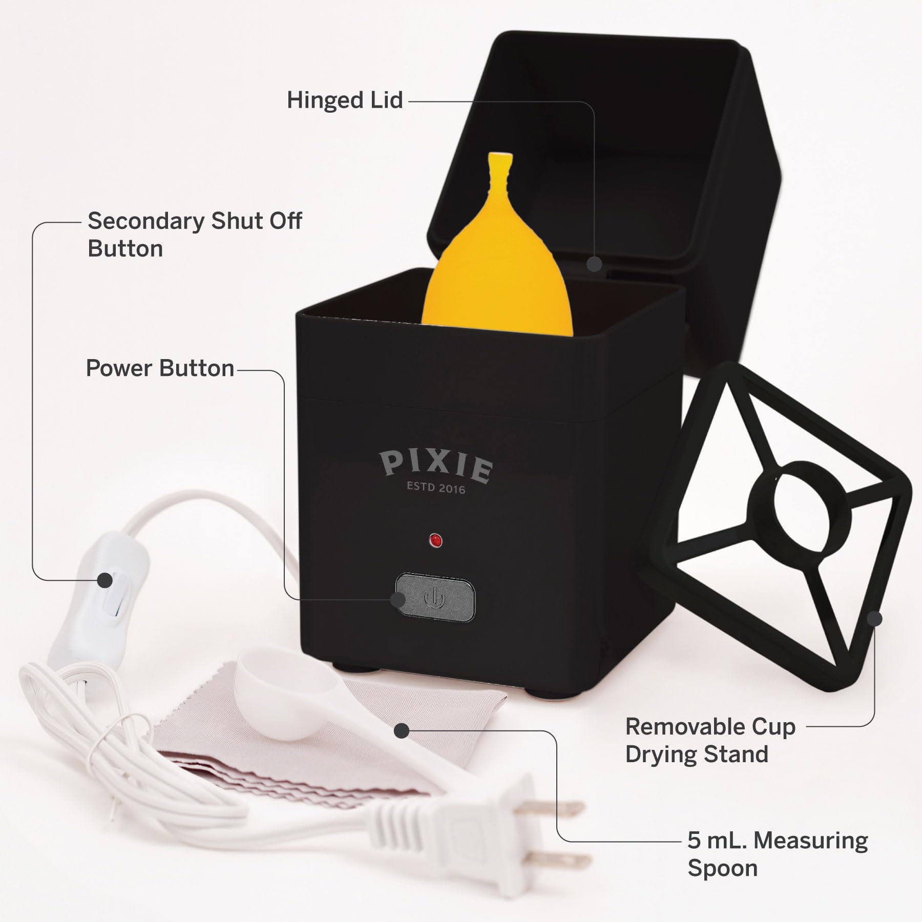 Pixie Menstrual Cup Steamer & Sterilizer - 99.9% Germ Elimination in 3 Minutes | Automatic Timer & Shut-Off | Perfect for Travel, Home & Gym Use | Safe Cleaning for Menstrual Cups & Discs