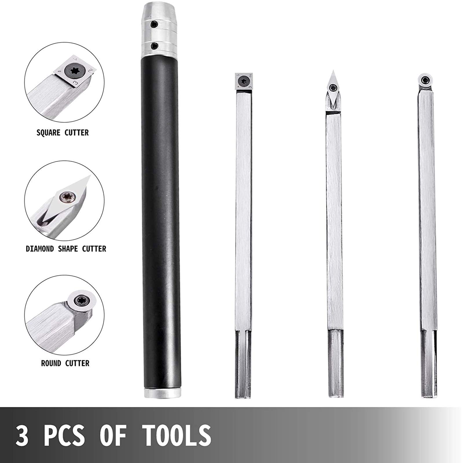 Premium 3-Piece Carbide Lathe Tool Set - Diamond, Round & Square Cutters with Grip Handle for Wood Turning | Replaceable Chisels for DIY Crafts & Hobby Projects | Perfect for Woodworking, Furniture Making & Home Improvement
