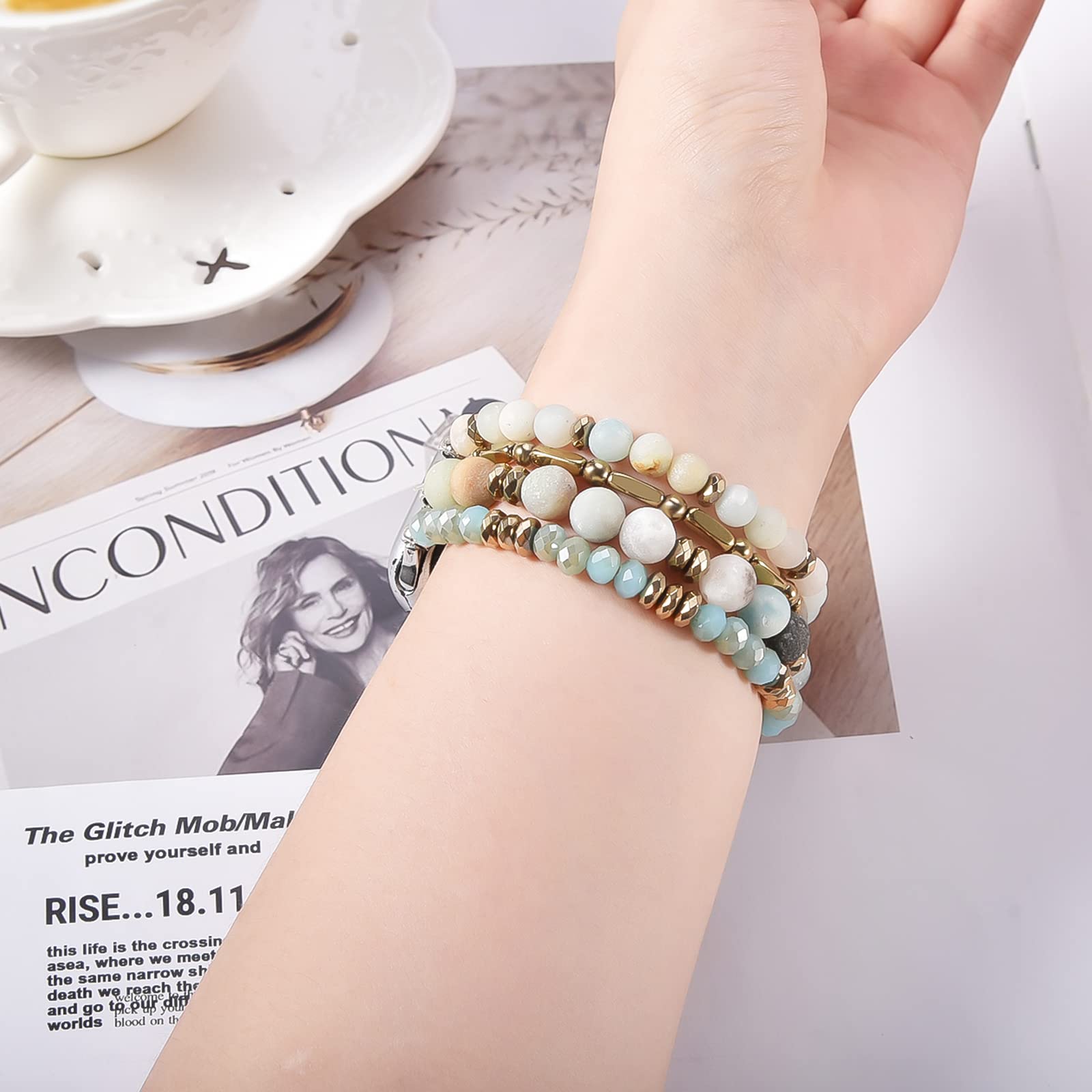 VISOOM Stretchy Beaded Boho Bracelet Compatible with Apple Watch 40mm/38mm/41mm/42mm (Series 1-10 & SE) - Handmade Crystal Beads Fashion Watch Band for Women - Perfect for Work, Yoga & Boho Style Outfits