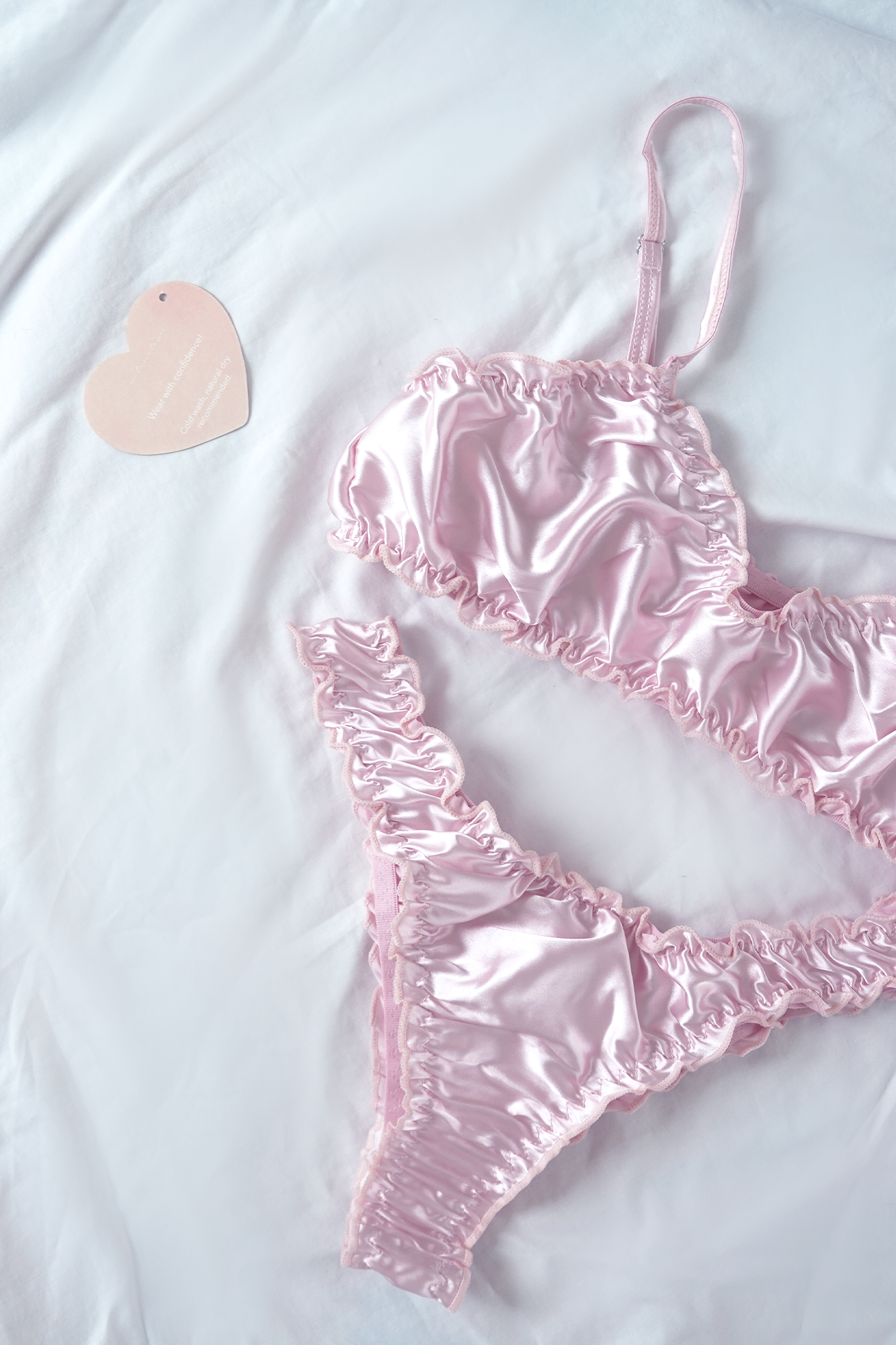 Pink Silk Ruffled Bralette Set - Women's Lace Underwear Comfortable Sleepwear & Lounge Wear for Date Night or Relaxing at Home