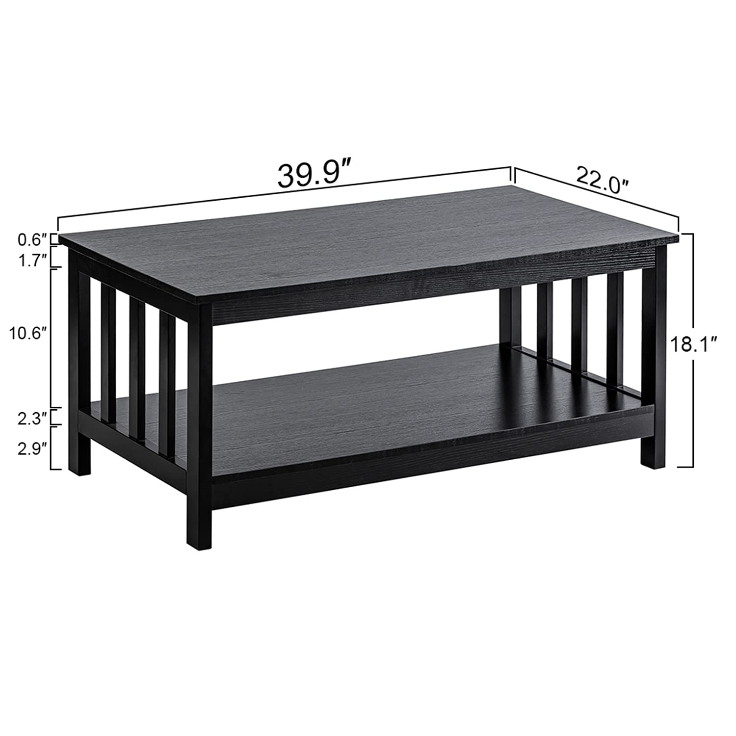 ChooChoo Mission Coffee Table - 40 Inch Black Wood Living Room Table with Shelf | Stylish & Functional Centerpiece for Small Spaces, Apartments, and Modern Home Decor