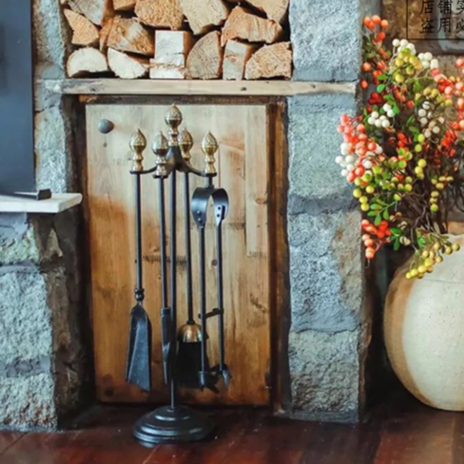 Wrought Iron Fireplace Tool Set - 5-Piece Indoor & Outdoor Use for Home