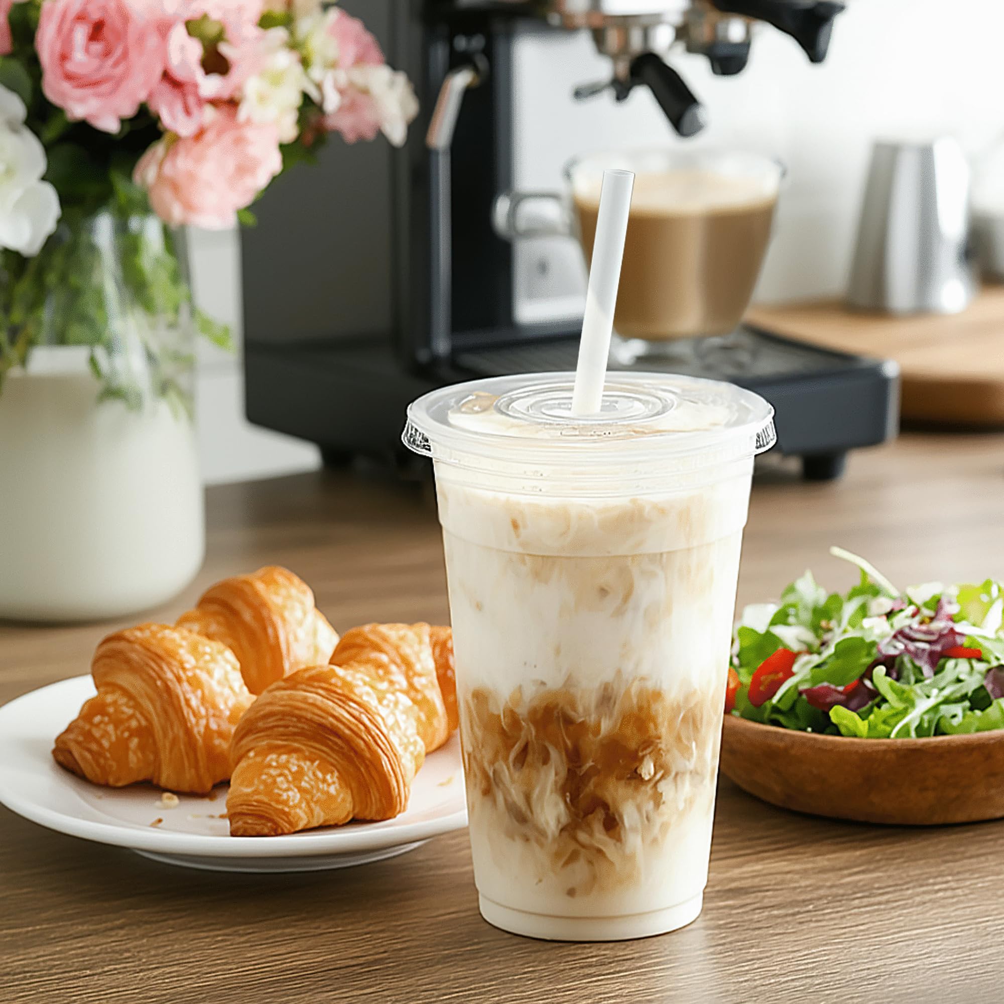16 oz Clear Plastic Cups with Lids and Straws - 100 Sets (100 Cups, 100 Flat Lids, 100 Straws) | Disposable Iced Coffee Cups for Parties, Picnics, and Takeout Drinks