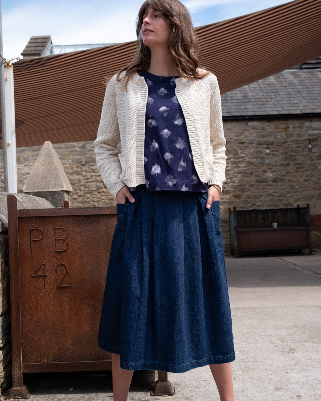 Elsie Women's Cotton Midi Skirt - Blue Denim A-Line Skirt for Casual Wear, Office & Summer Outfits | Comfortable Stretch Waist Skirt